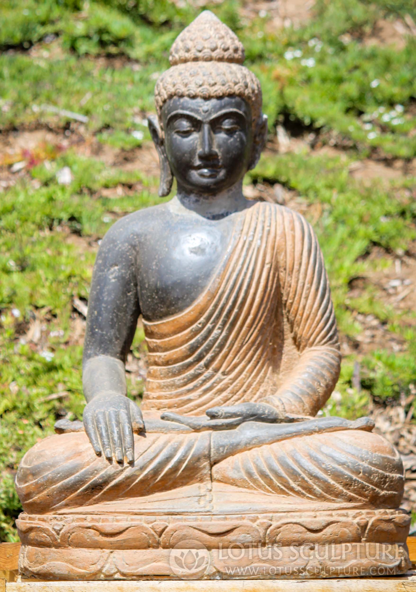 SOLD Saffron Colored Hand Carved Lava Stone Buddha Sculpture Seated in ...