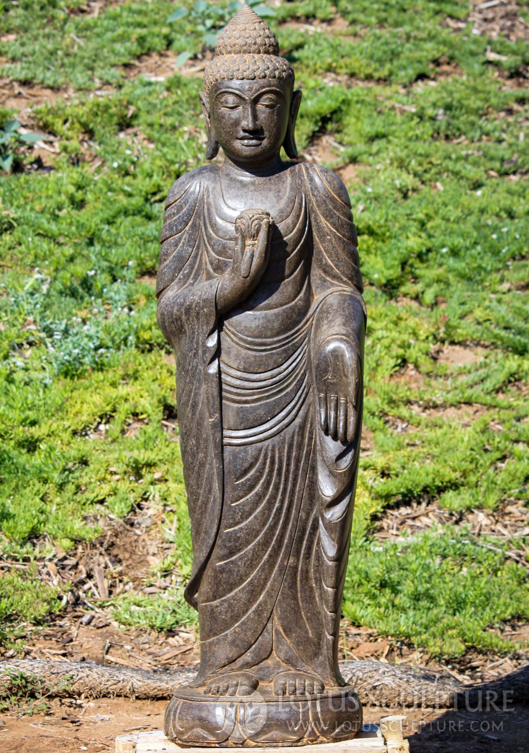 SOLD Hand Carved Colored Lava Stone Standing Garden Buddha Sculpture