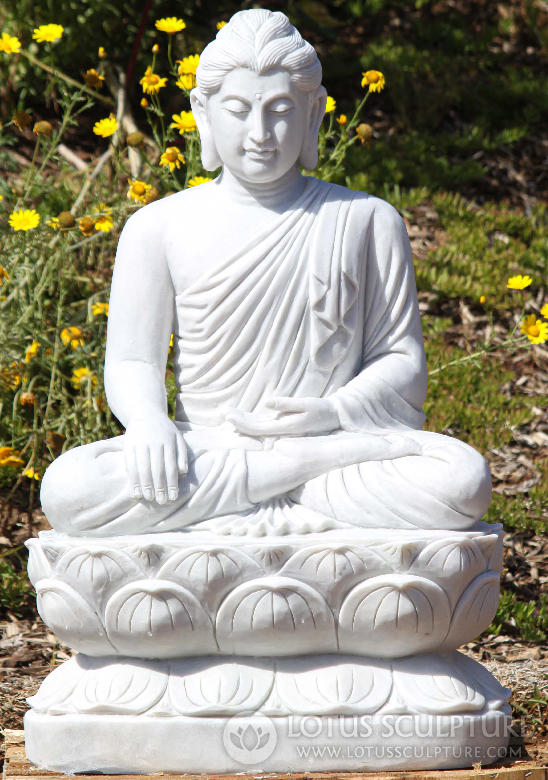 Buddha Garden Statue Hand Carved White Marble Seated Earth Touching Gandhara Style 36"