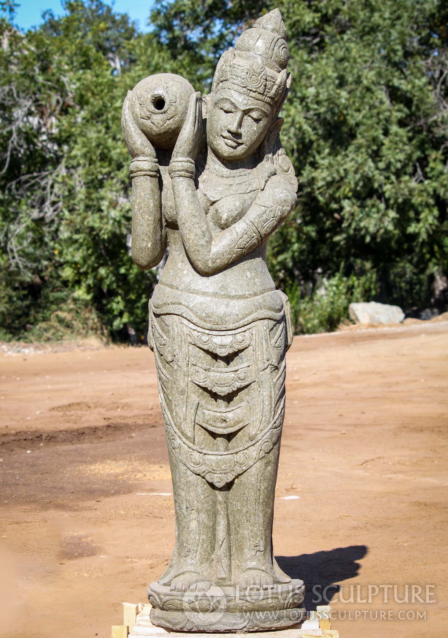 Stone Garden Fountain Statue of Devi Tara Holding Water Jug Over Right Shoulder 60"