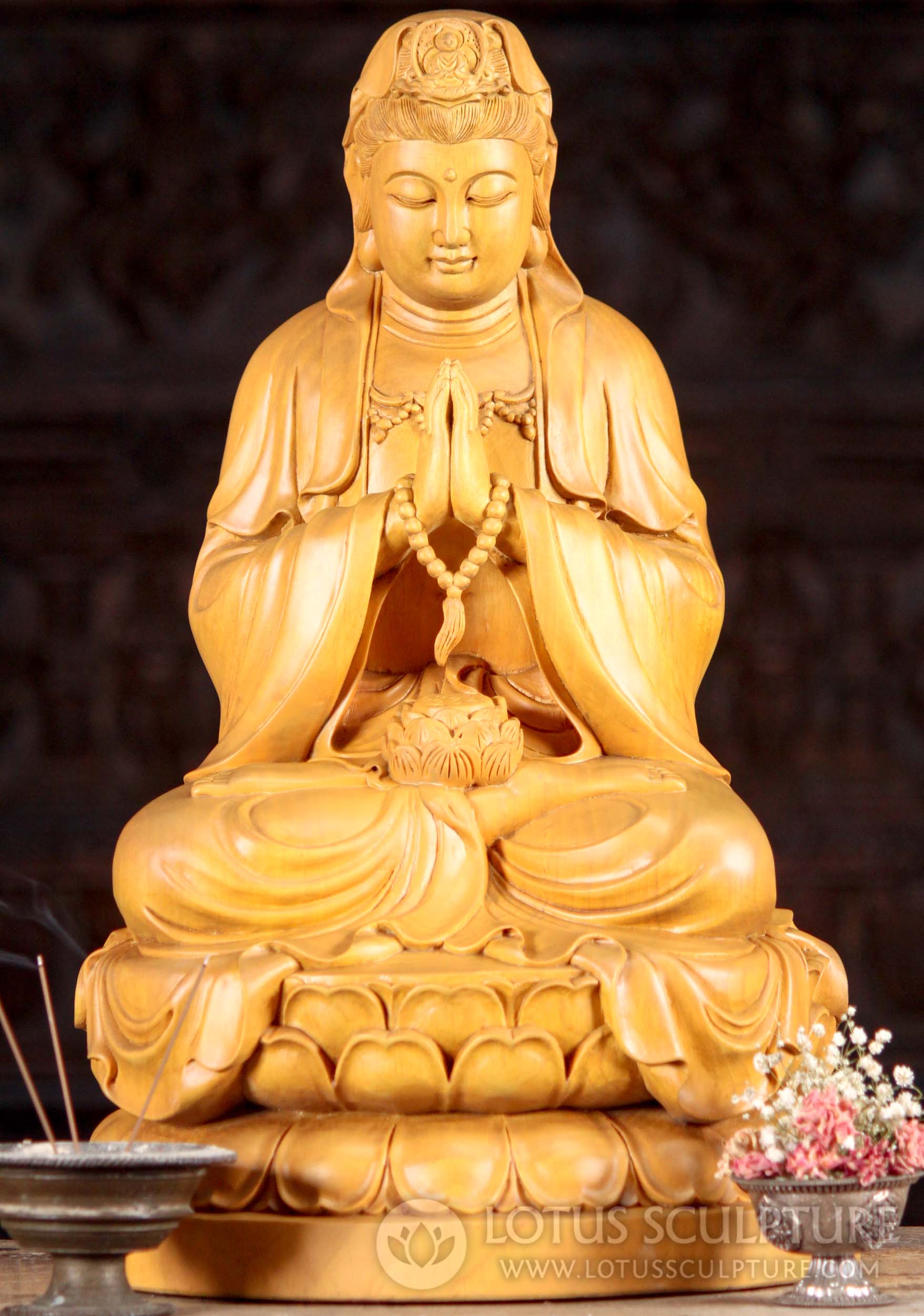 Light Wood Statue of Kwan Yin The Bodhisattva of Compassion Hand Carved in Vietnam 20"