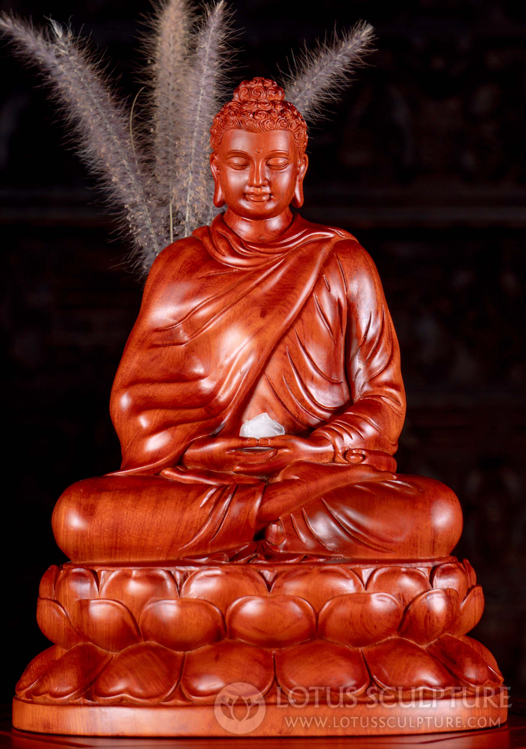 Carved Wooden Buddha Statue Captured in Blissful Meditation Wearing Full Winter Robes 16"