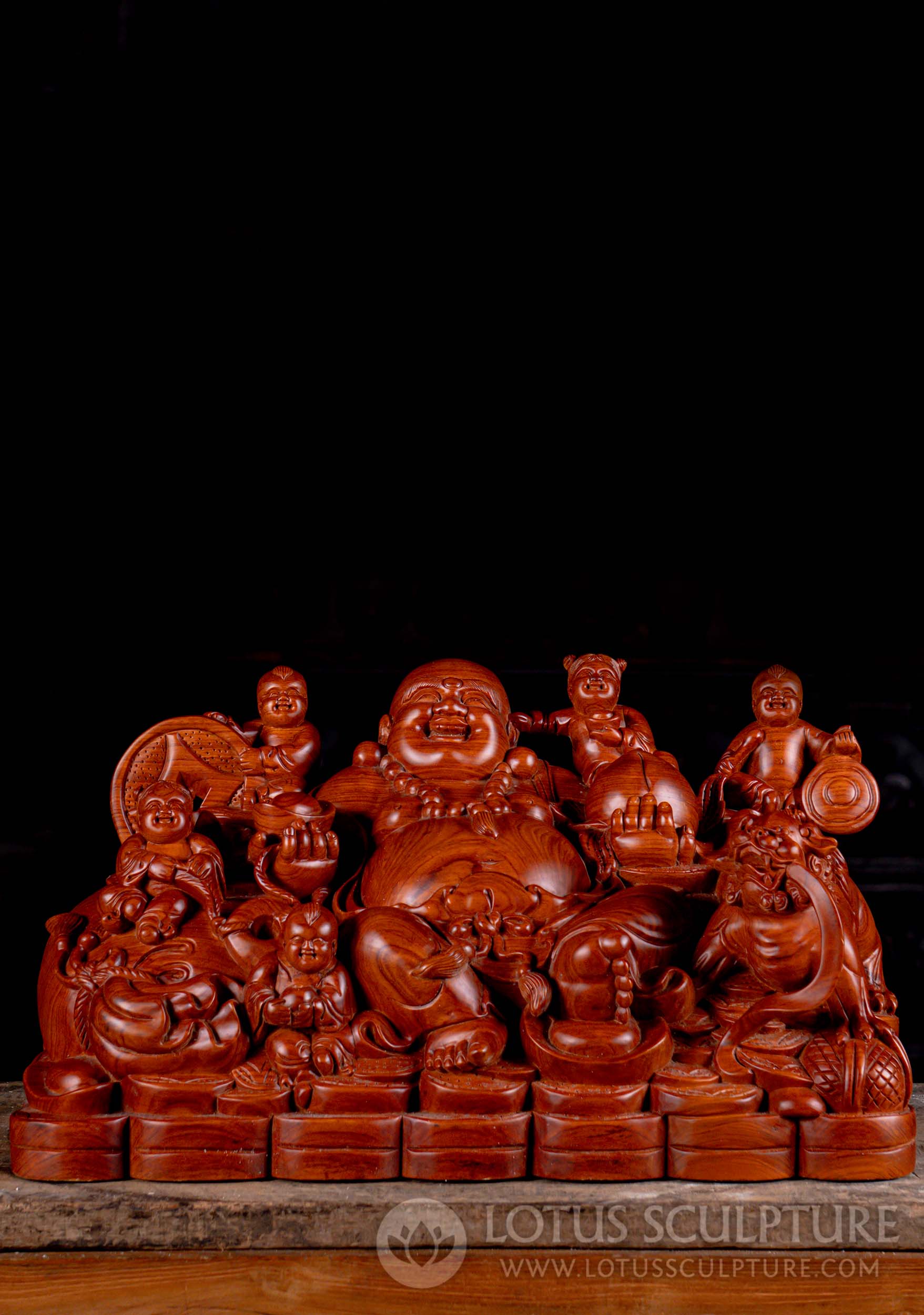 Fat & Happy Hotei Buddha of Wealth Sculpture with Children Hand Carved in Vietnam 20"