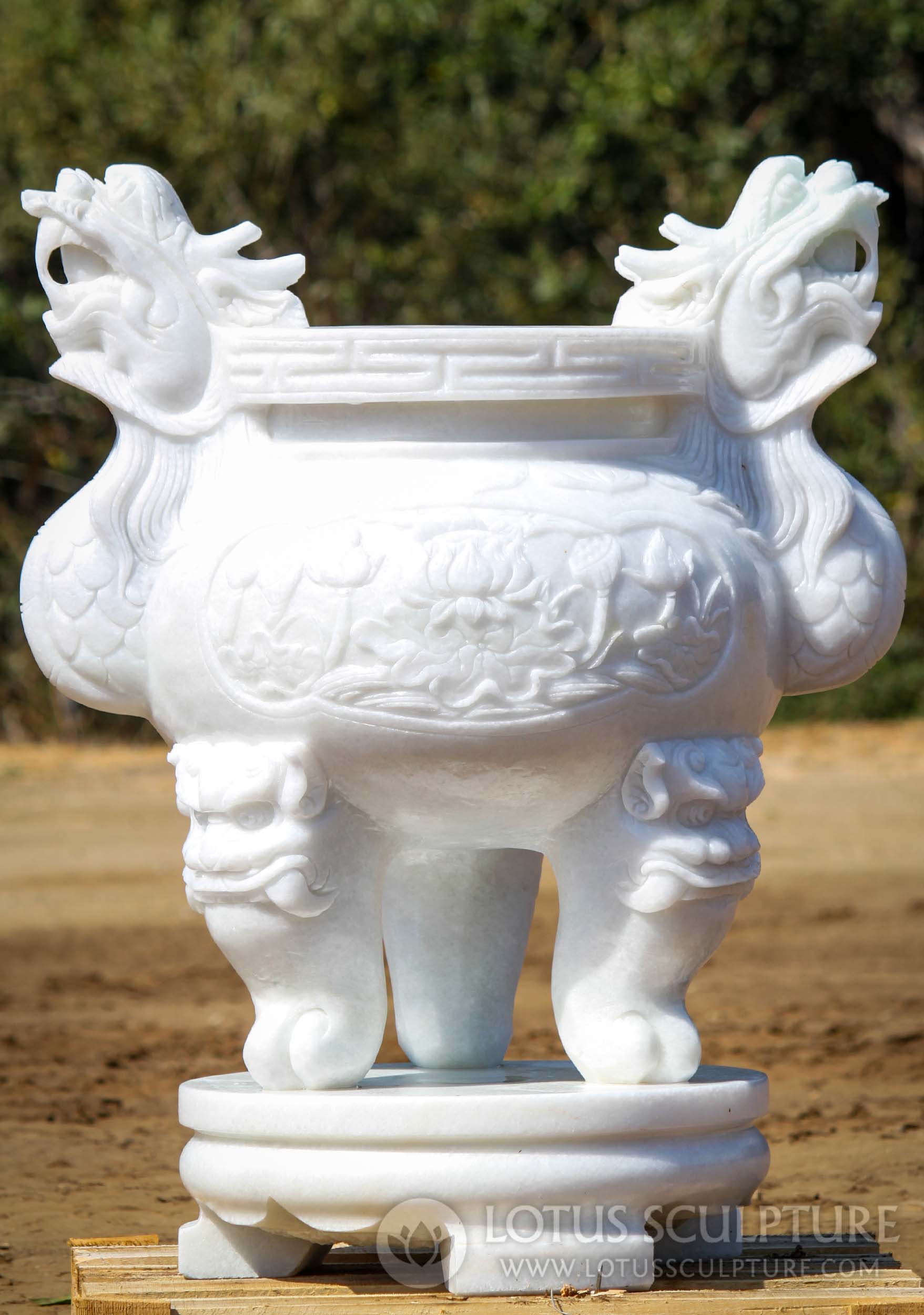 White Marble Temple Incense Urn with Dragon Heads & Lotus Flowers 36"