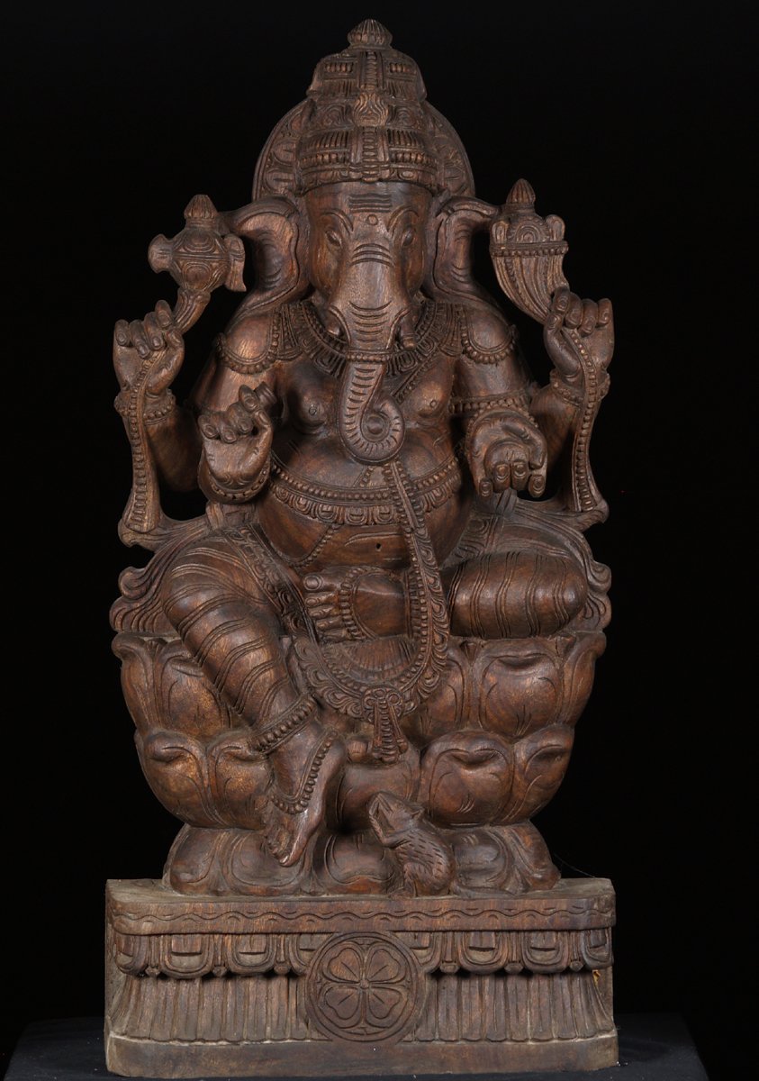 SOLD Dark Wood Ganesh Statue with Lotus Flower in Base 36