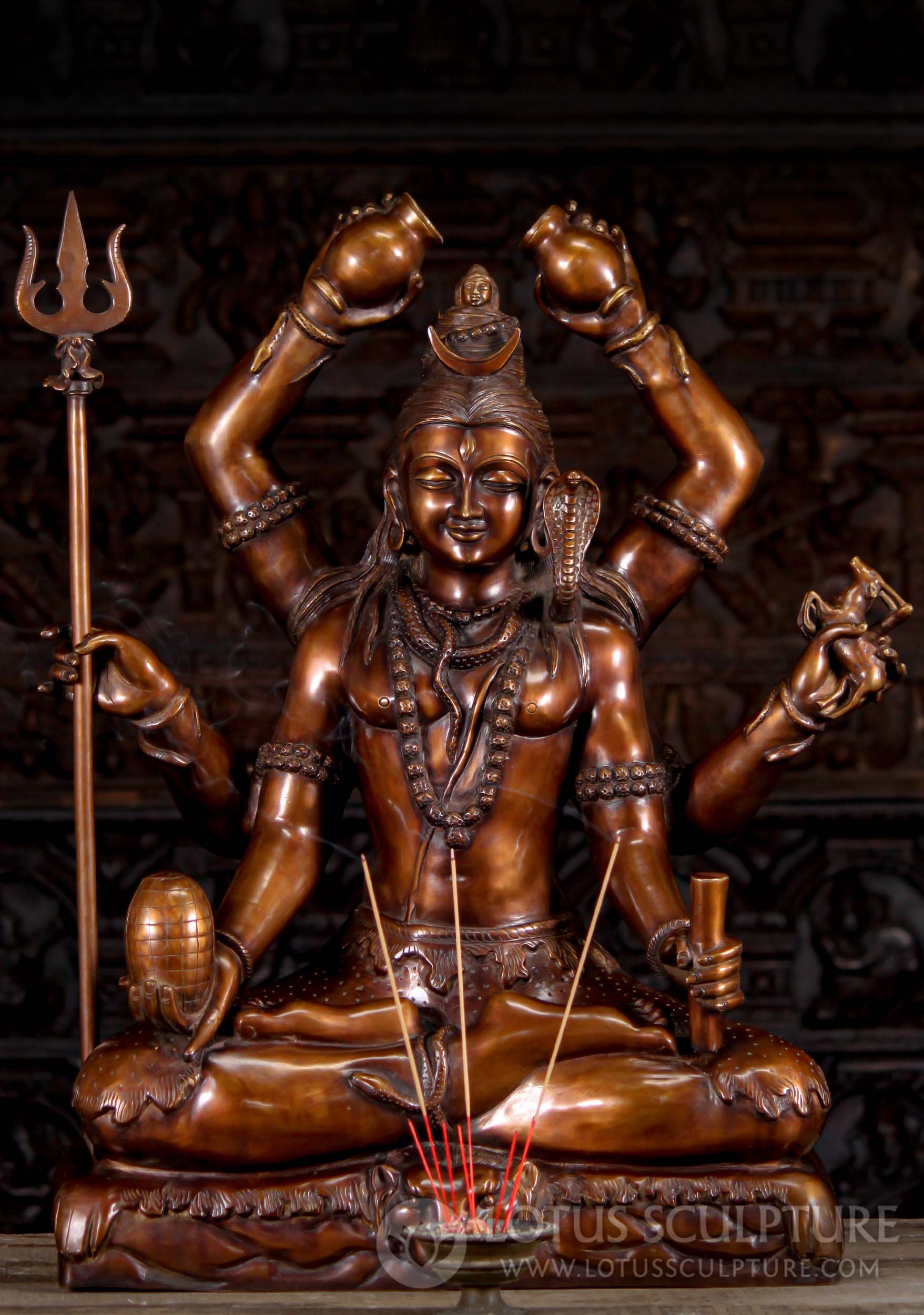 Abhisheka Shiva Statue Antique Brass  with Six Arms with Trident Seated on Tiger Skin 31"