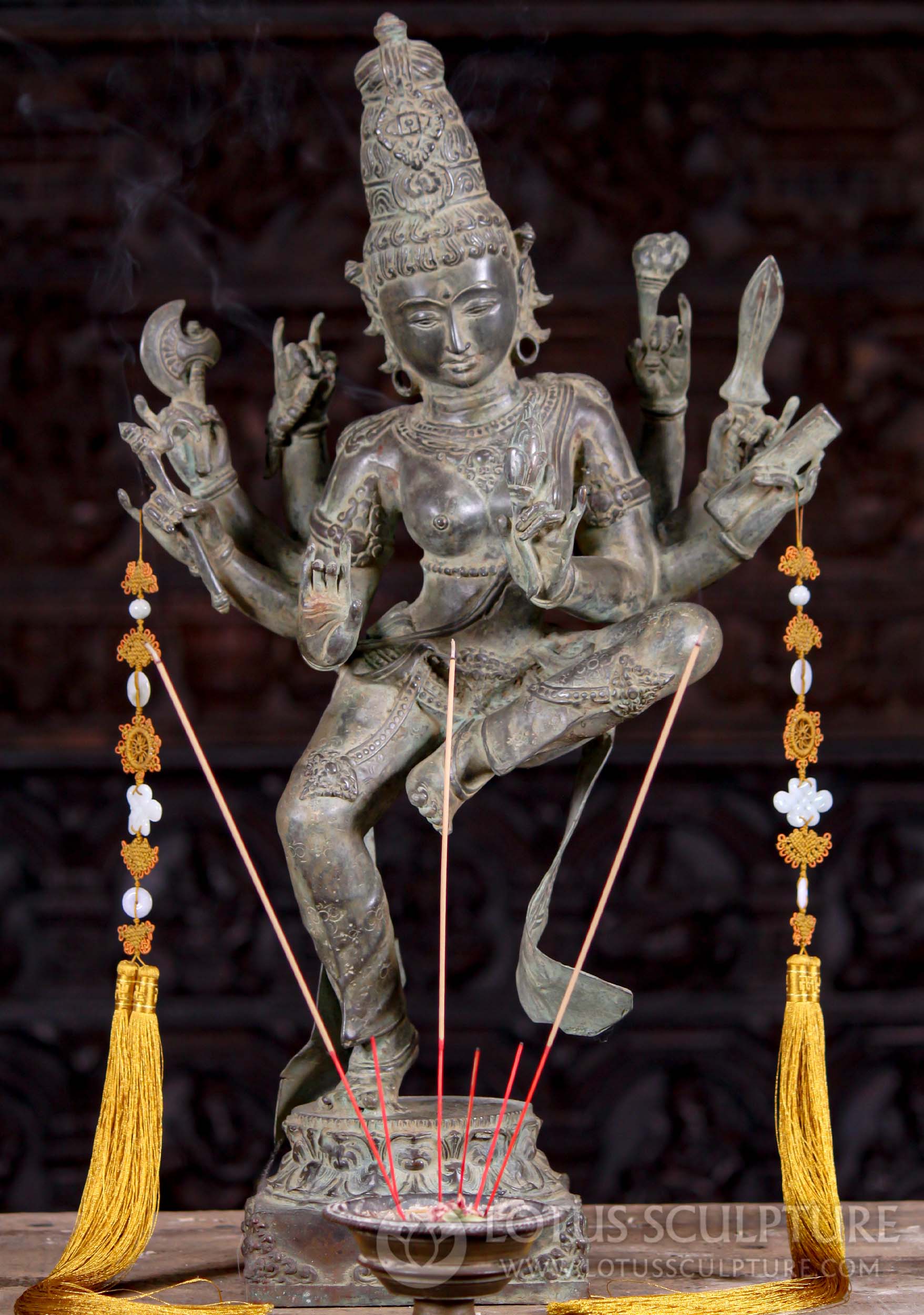 Brass 8 Armed Parvati Holding Lotus, Elephant Goad, Ax, Fly Whisk, Sword & the Vedas 25"