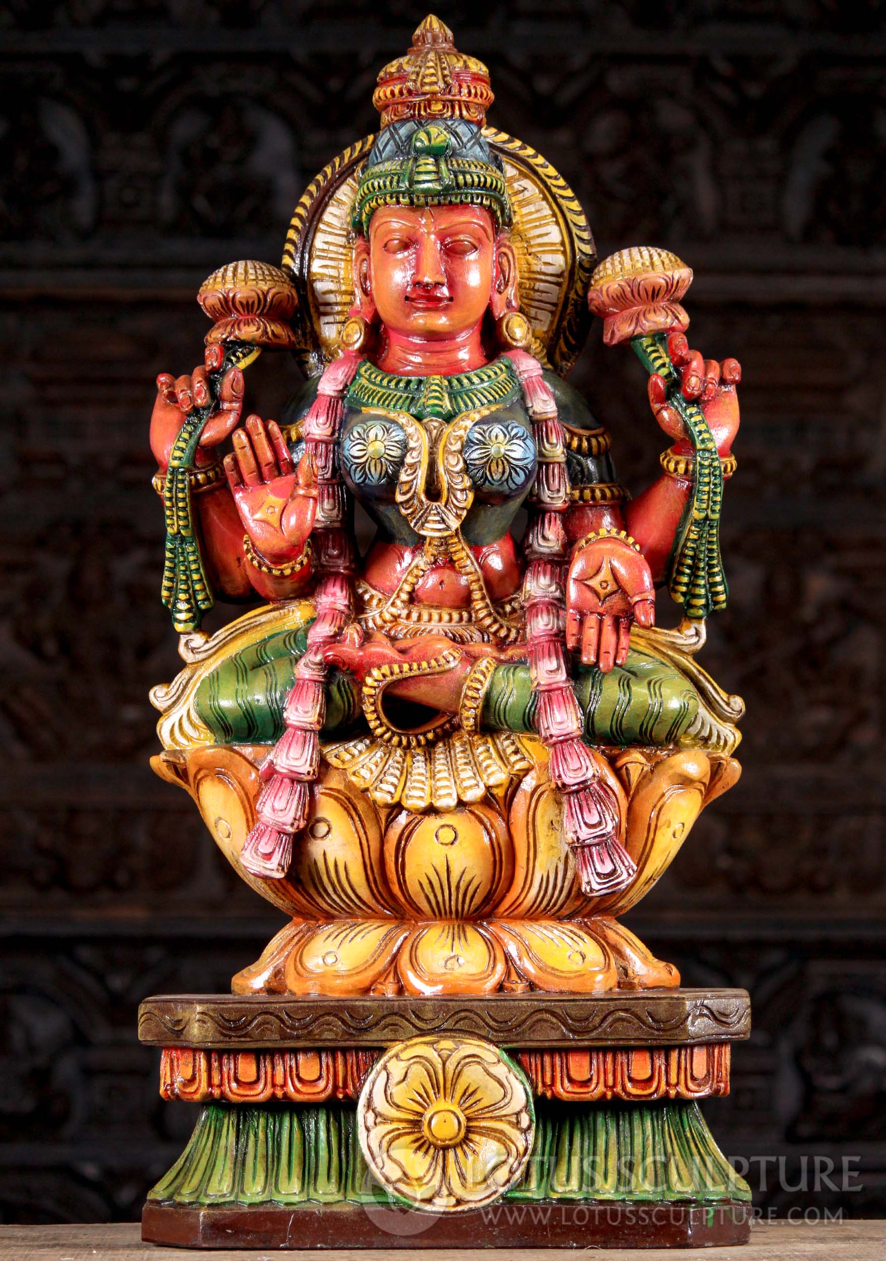 Hand Painted Seated Wooden Abhaya Mudra Lakshmi Statue Wearing Garland & Bindi 30"