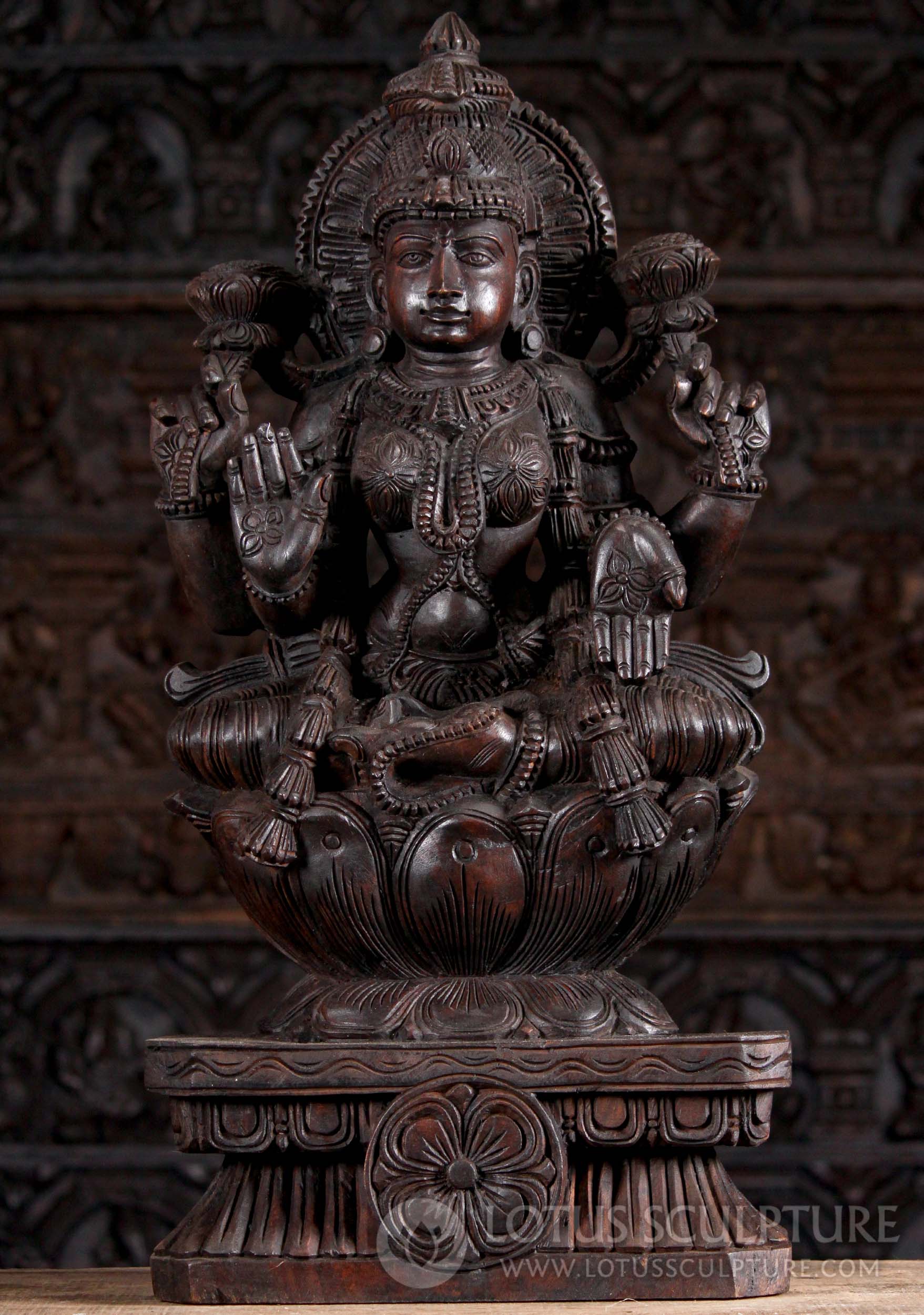 Dark Wood Carved Hindu Goddess of Wealth Lakshmi Statue with Legs Crossed 30"