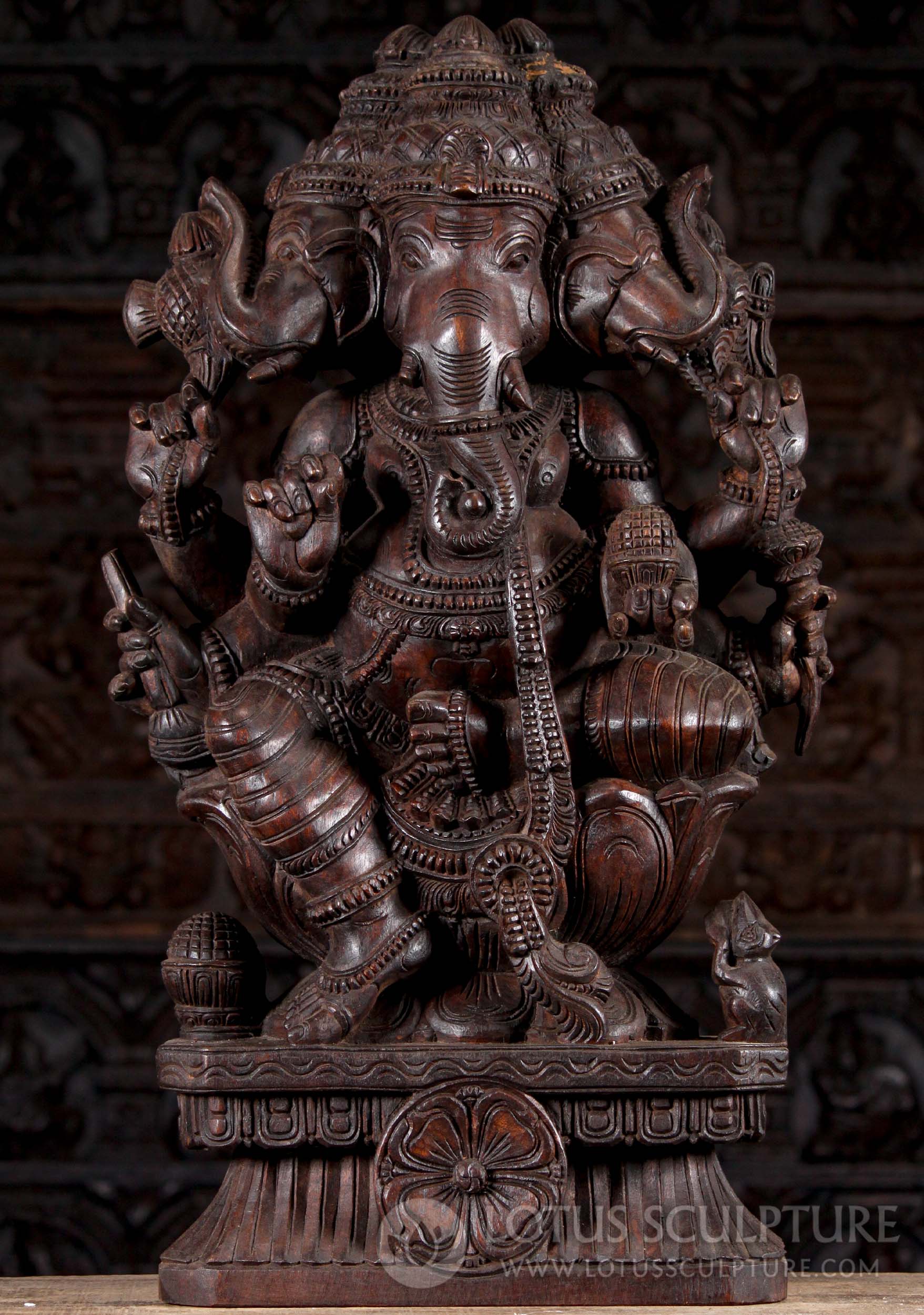 Hand Carved Trimukha Ganesha Sculpture with Three Heads and Six Arms on Lotus Base 30"