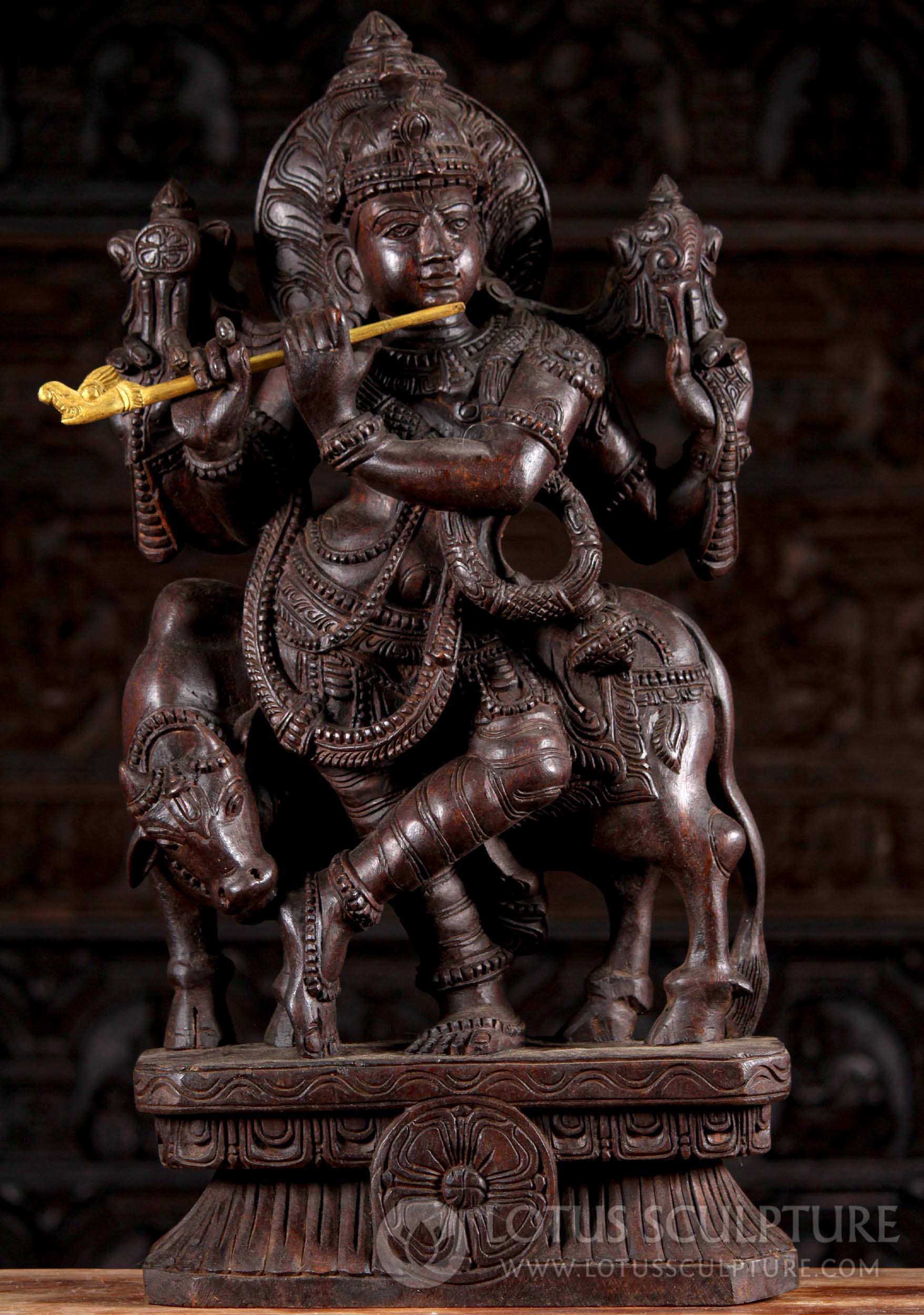 Hand Carved Dark Neem Wood Hindu God Gopal Krishna Playing Flute with Cow 30"