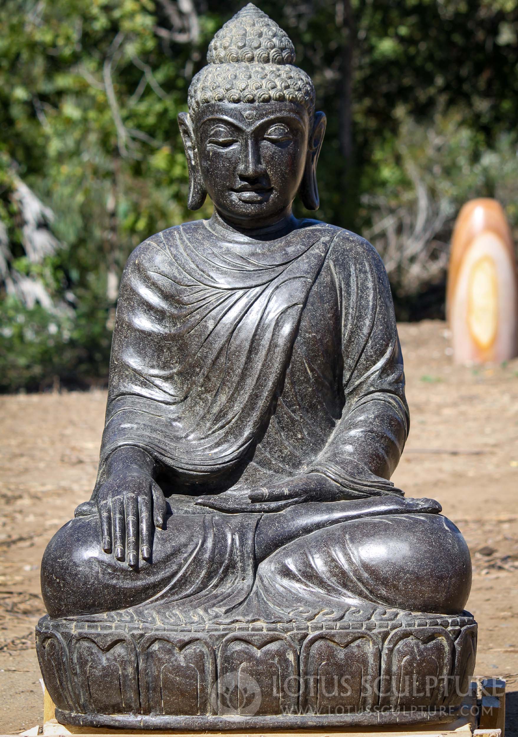 Lava Stone Buddha Sculpture Seated in Earth Touching Mudra 40"