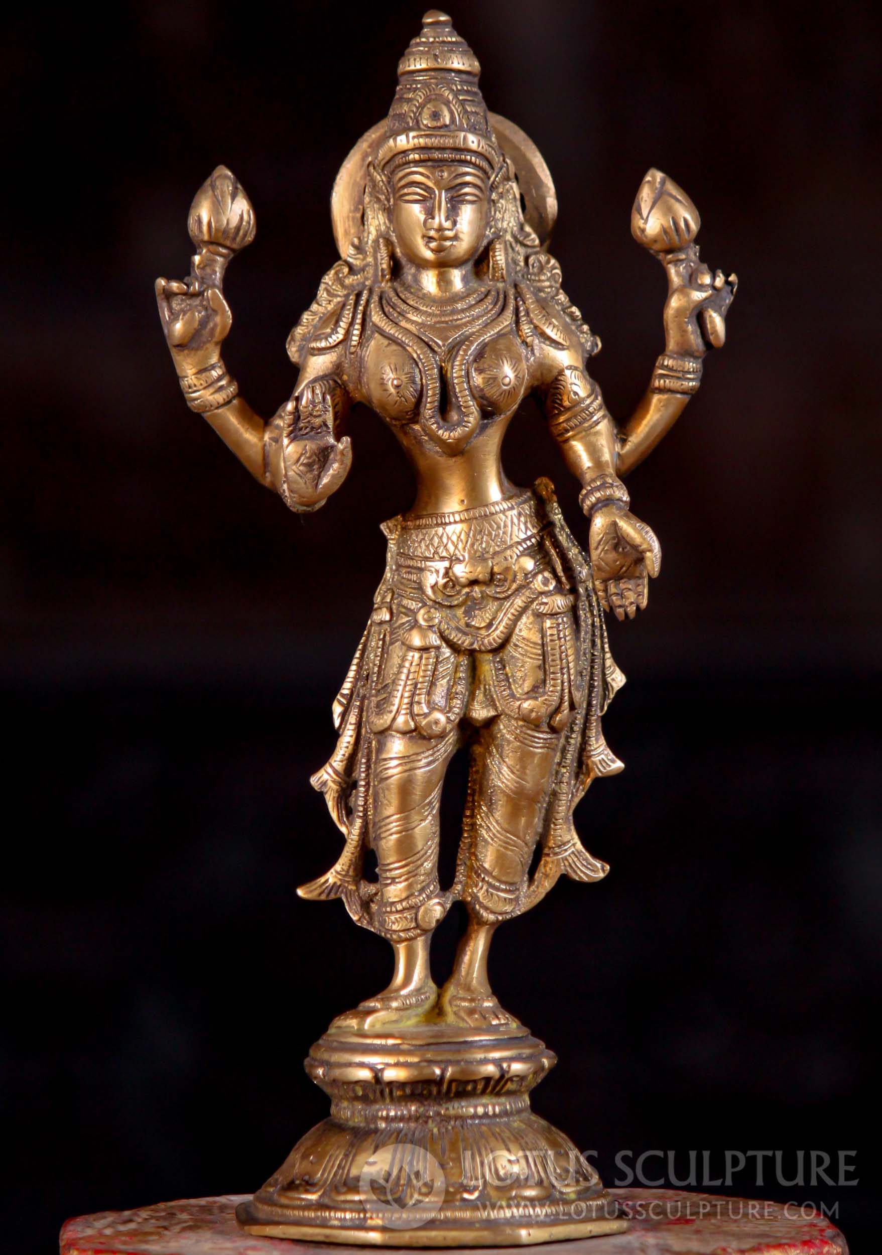 Brass Lakshmi Idol the Hindu Goddess of Wealth Holding 2 Lotus Flowers 10"