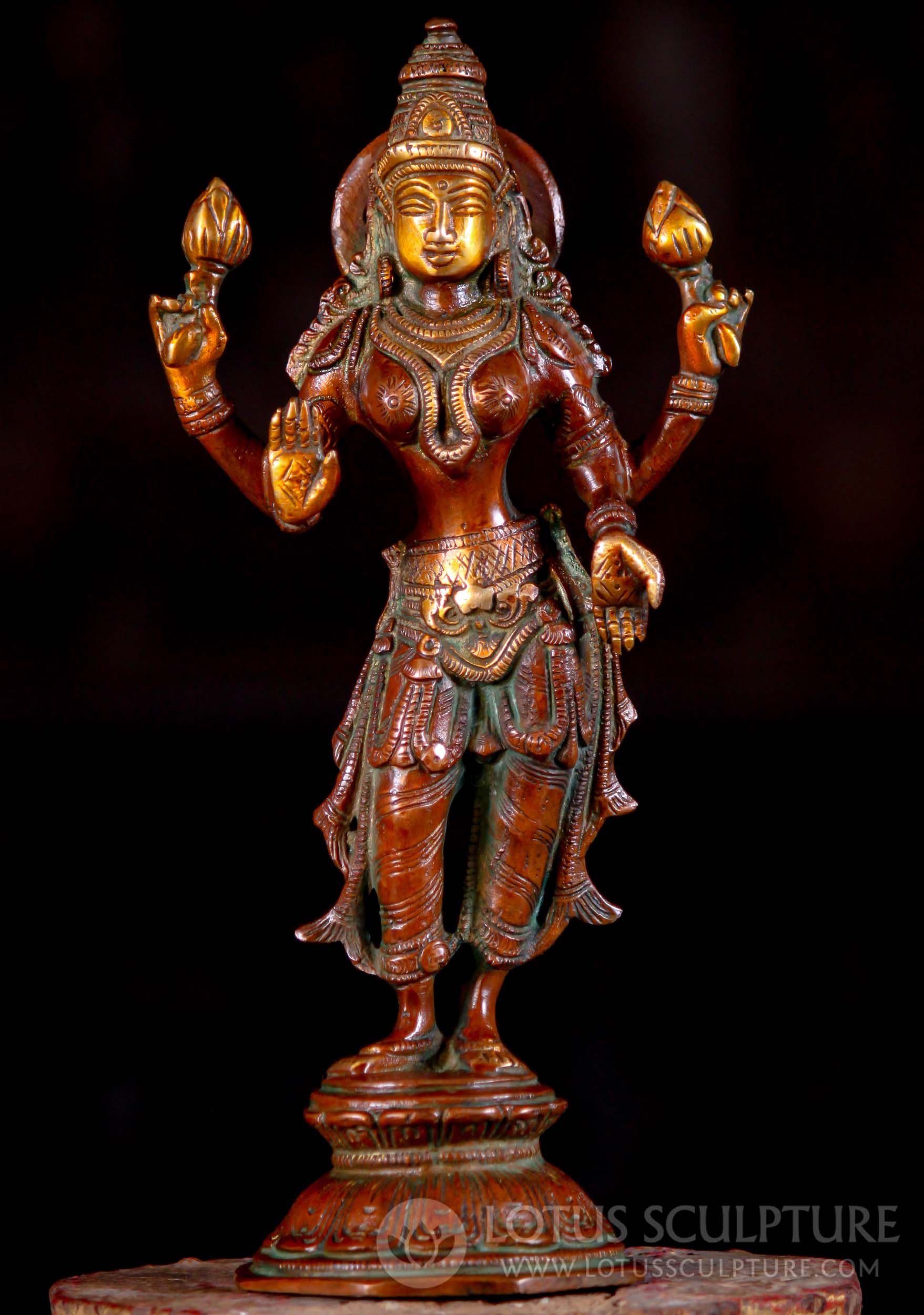 Brass Lakshmi Idol the Hindu Goddess of Wealth Holding 2 Lotus Flowers 10"