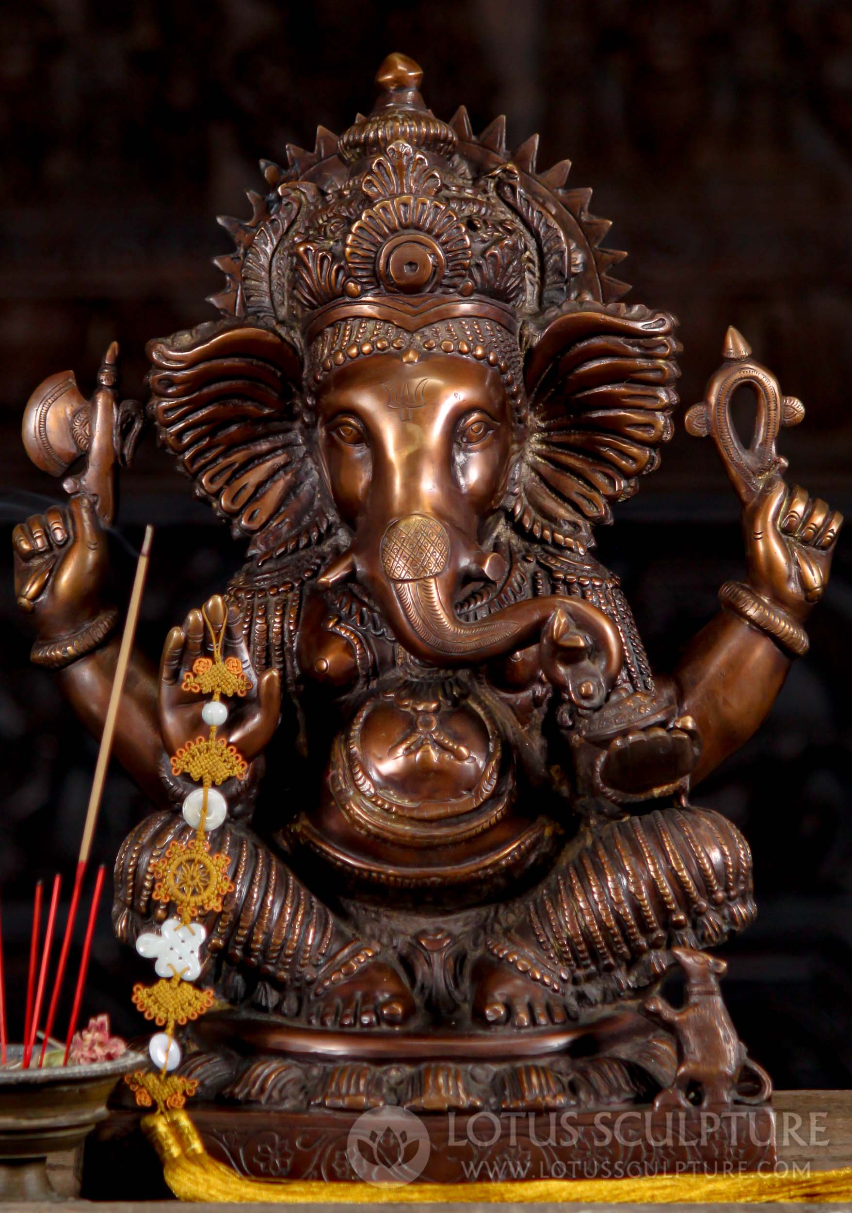 Seated Brass Ganesh Statue with Large Ruffled Ears and Cobra in Curled Trunk 18"