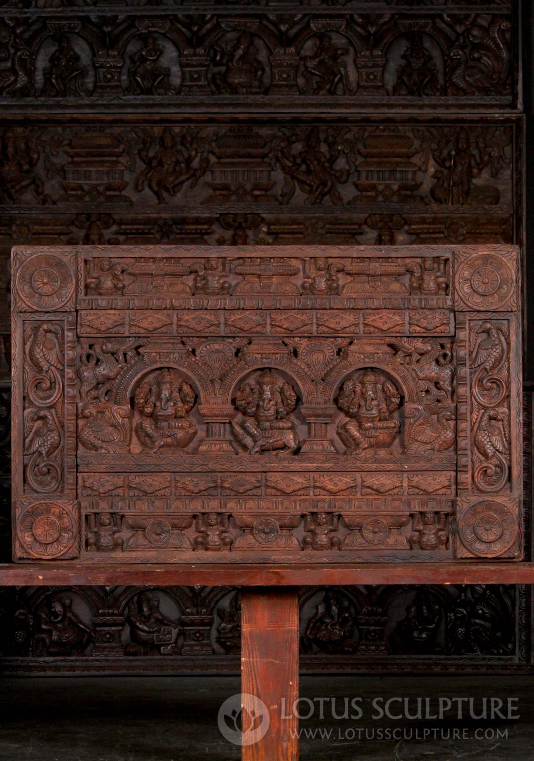 Horizontal Wooden Hindu Panel Depicting Three Forms of Ganesha, Remover of Obstacles 48"x30"