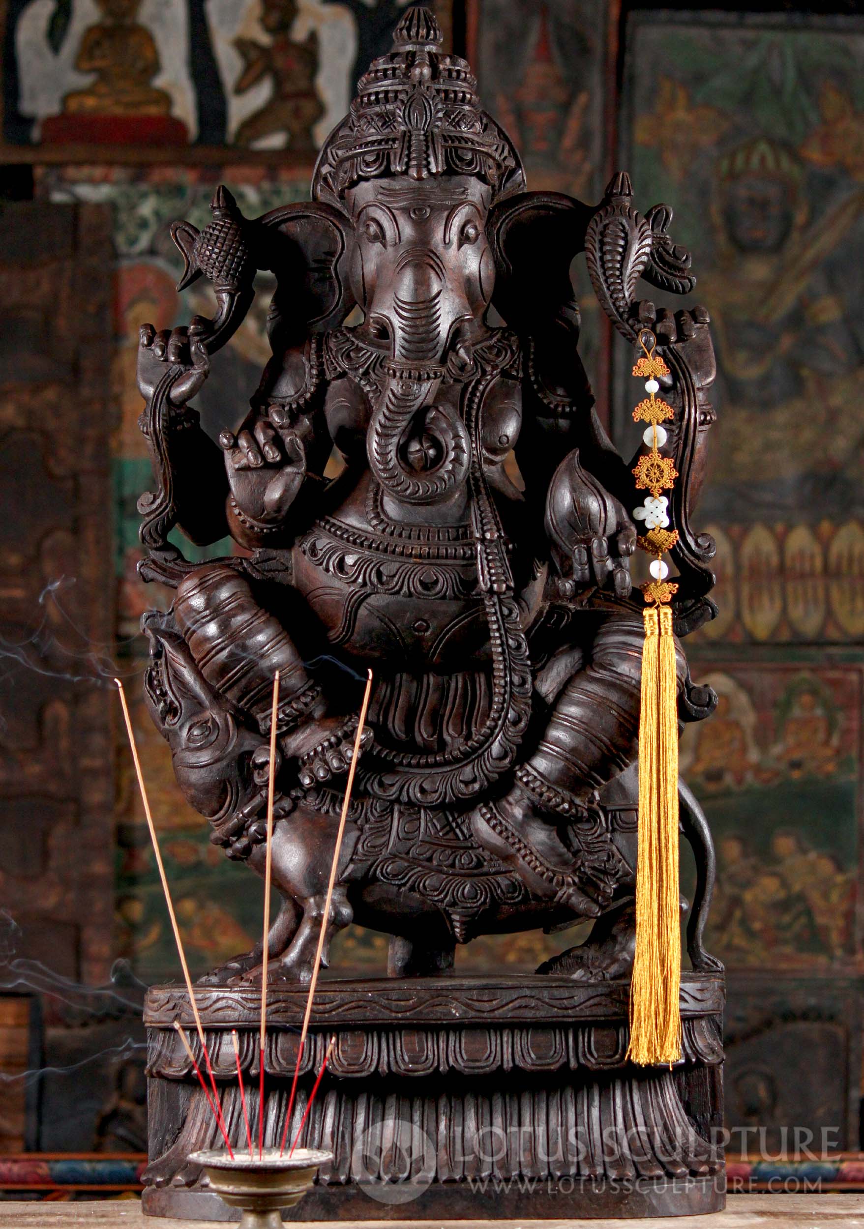 Seated Wooden Hand Carved Hindu God Ganesh Remover of Obstacles Perfect for Home Altar 36"