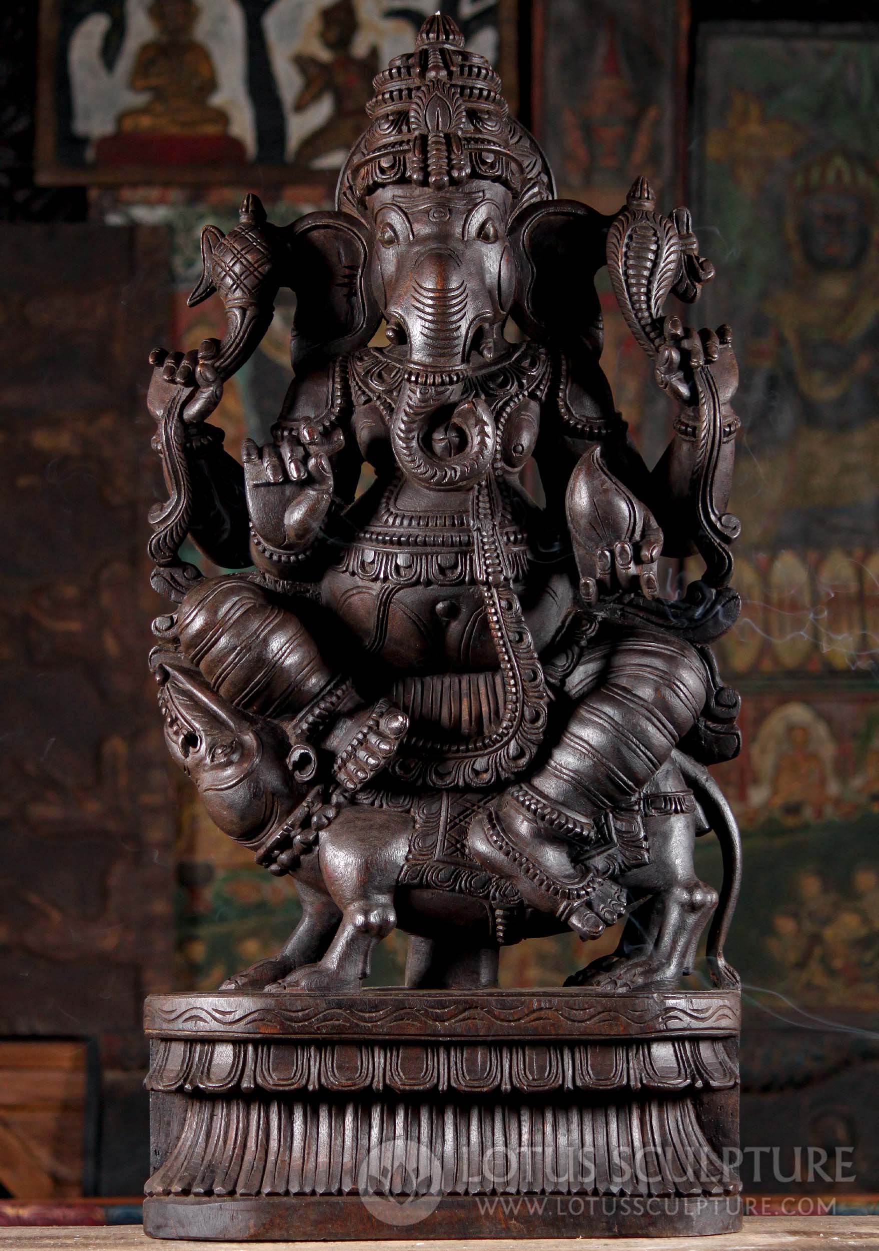 Wood Hand Carved Hindu God Ganesh Remover of Obstacles Seated on Rat 36"