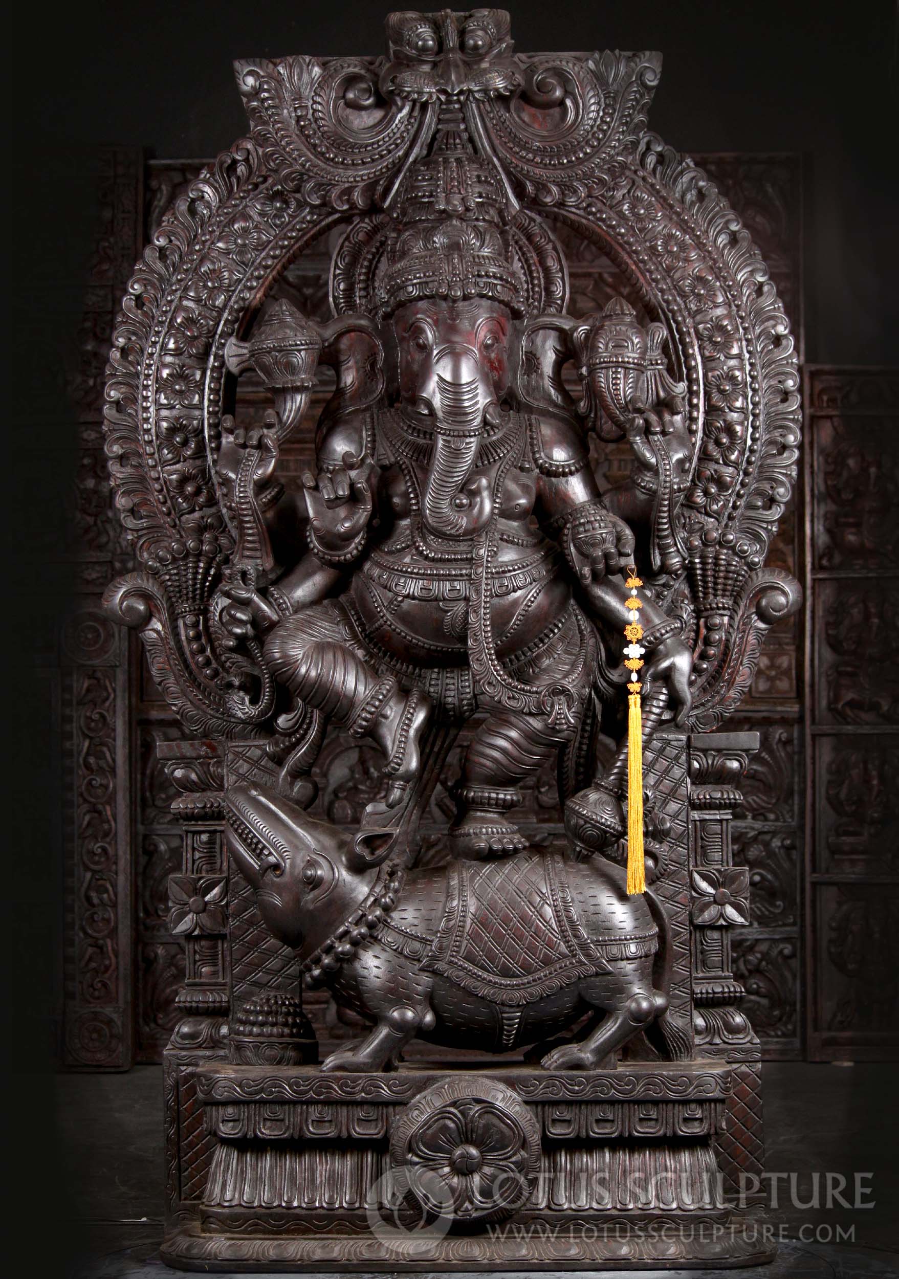 Large Wooden Ganesh Holding a Club While Dancing on Top of Rat Mooshika Under Arch 86"