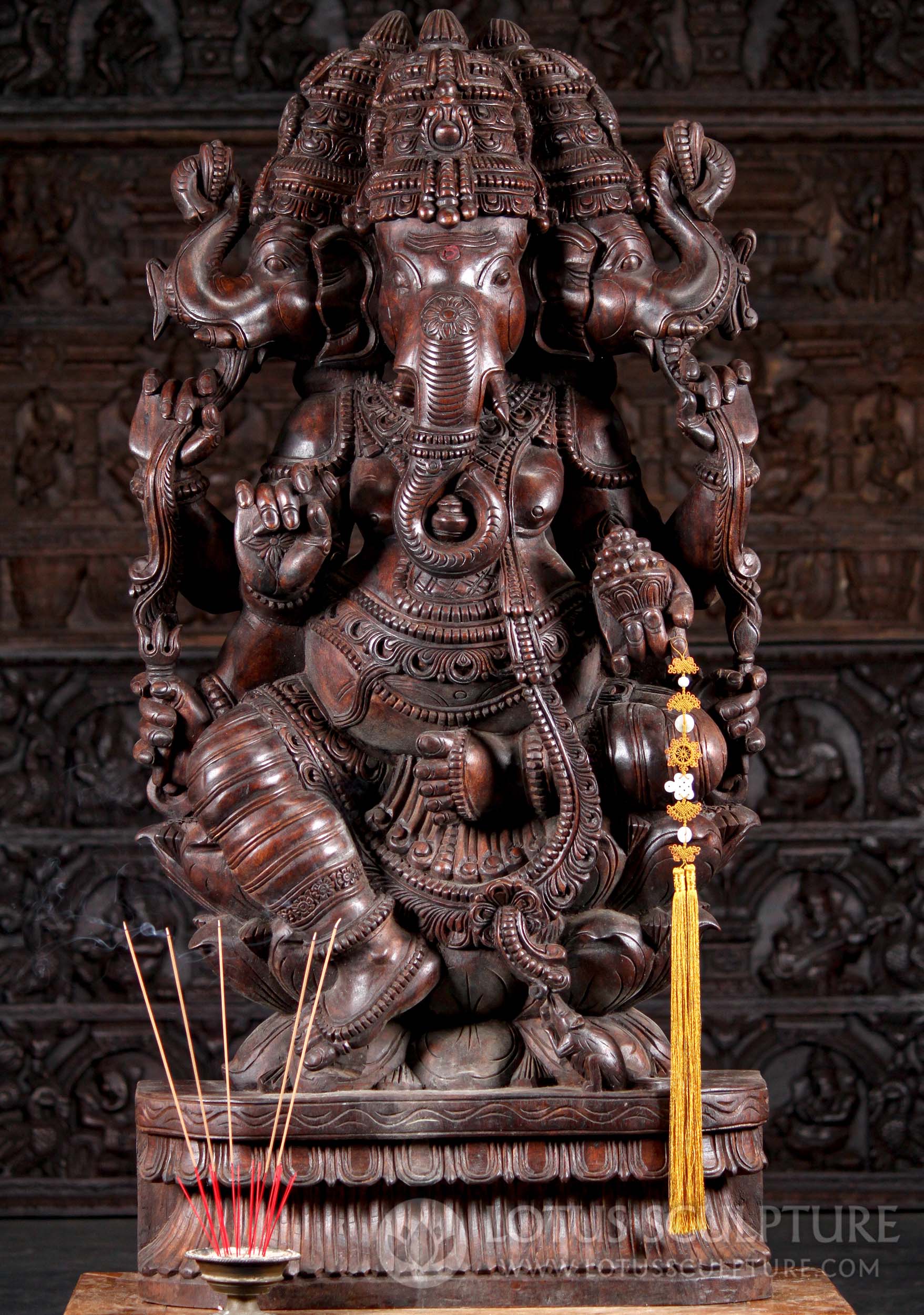 Wooden 3 Headed Tri Muhkthi Ganapathi 3 Headed Ganesha "Remover of Obstacles" 48"