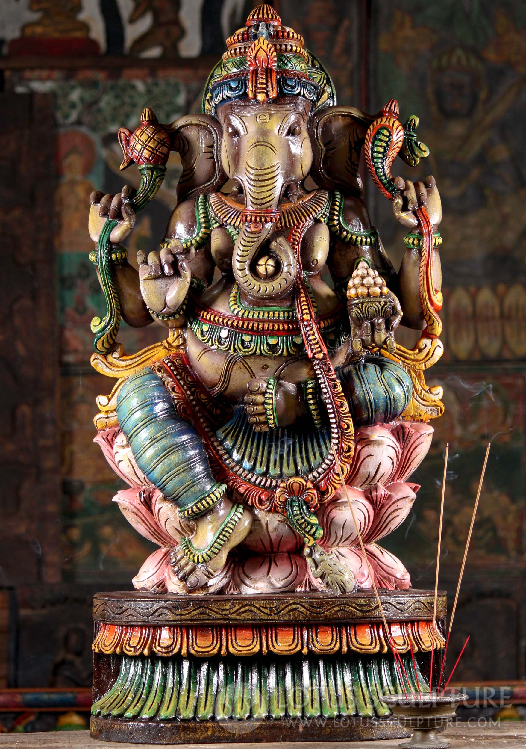 Colorful Hindu God Ganesha Seated on Pink Triple Lotus Base with Mooshika Sculpture 36"