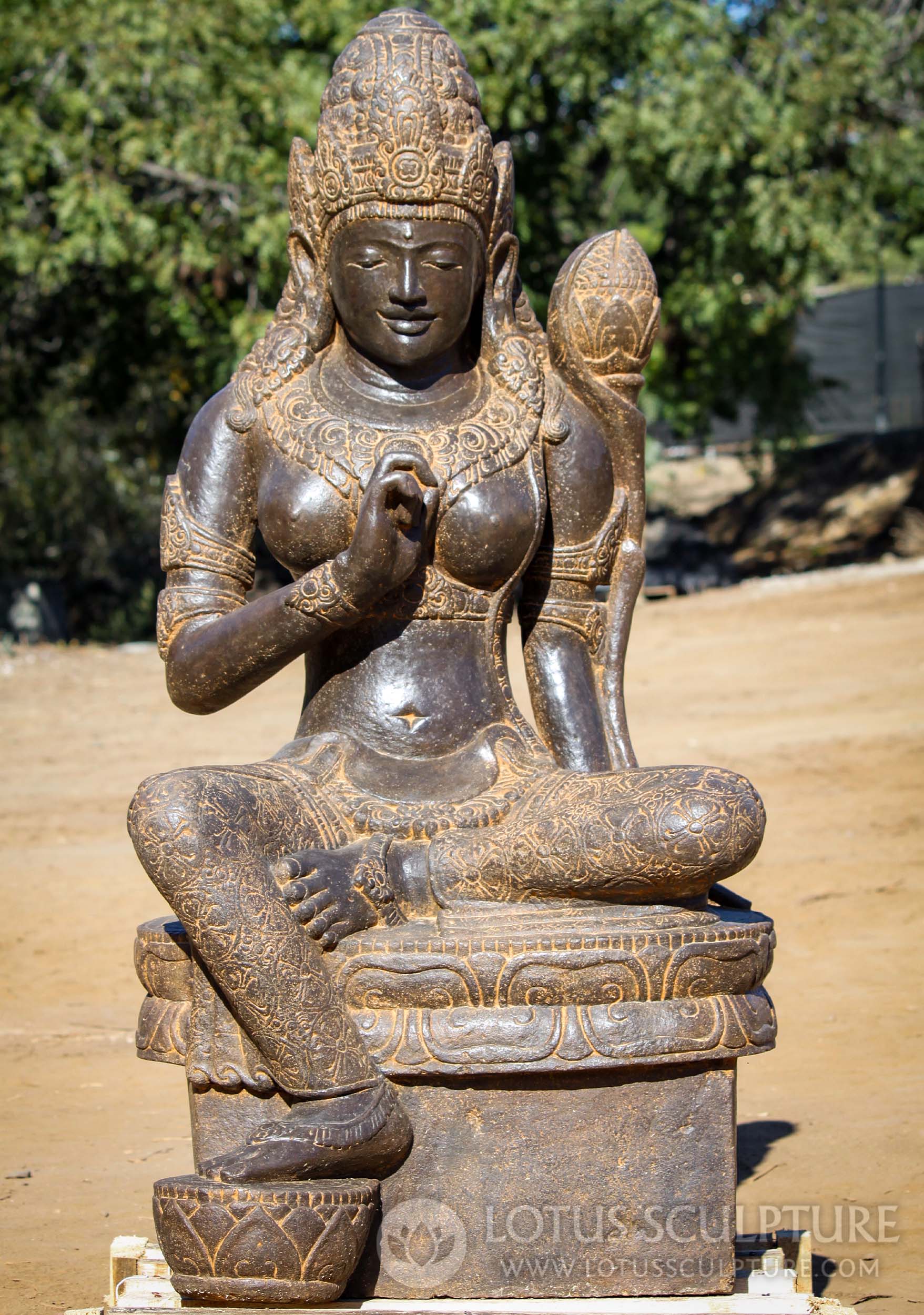 Large  Stone Green Tara Outdoor Sculpture Seated in Lalitasana Position Holding Lotus 51"