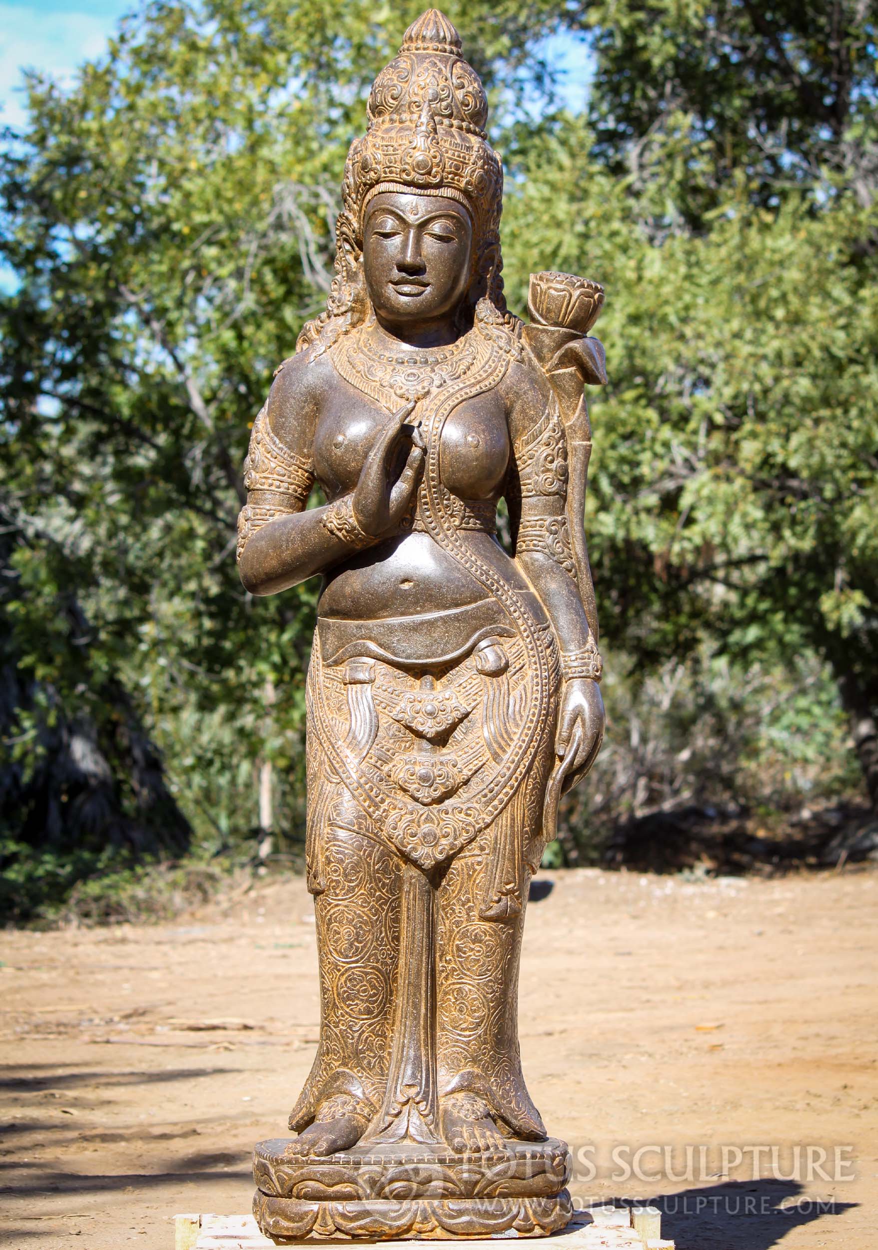 Stone Devi Tara Sculpture Vitarka Teaching Mudra with Lotus Flower 68"