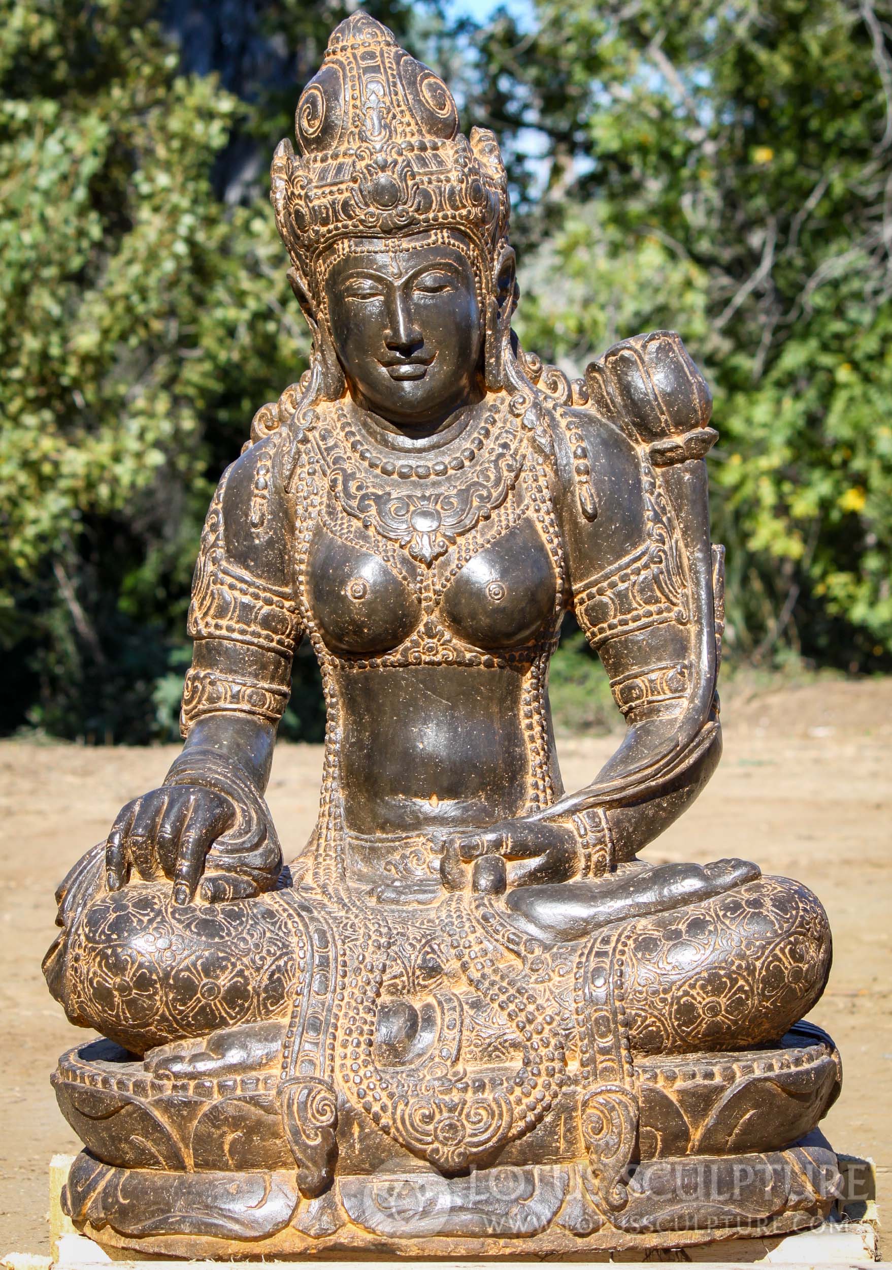 Stunning Colored Lava Stone Devi Tara Meditating Garden Sculpture with Lotus Flower 43"