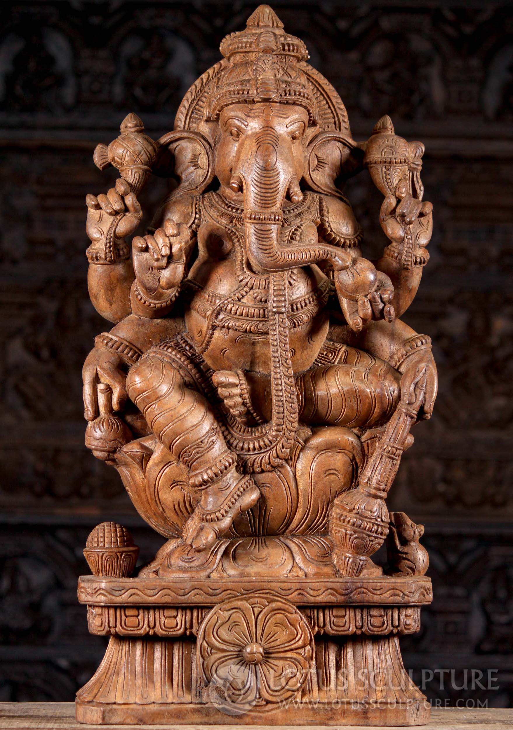 Wooden Seated Remover of Obstacles Ganesha with Six Arms and Club Sculpture 30"