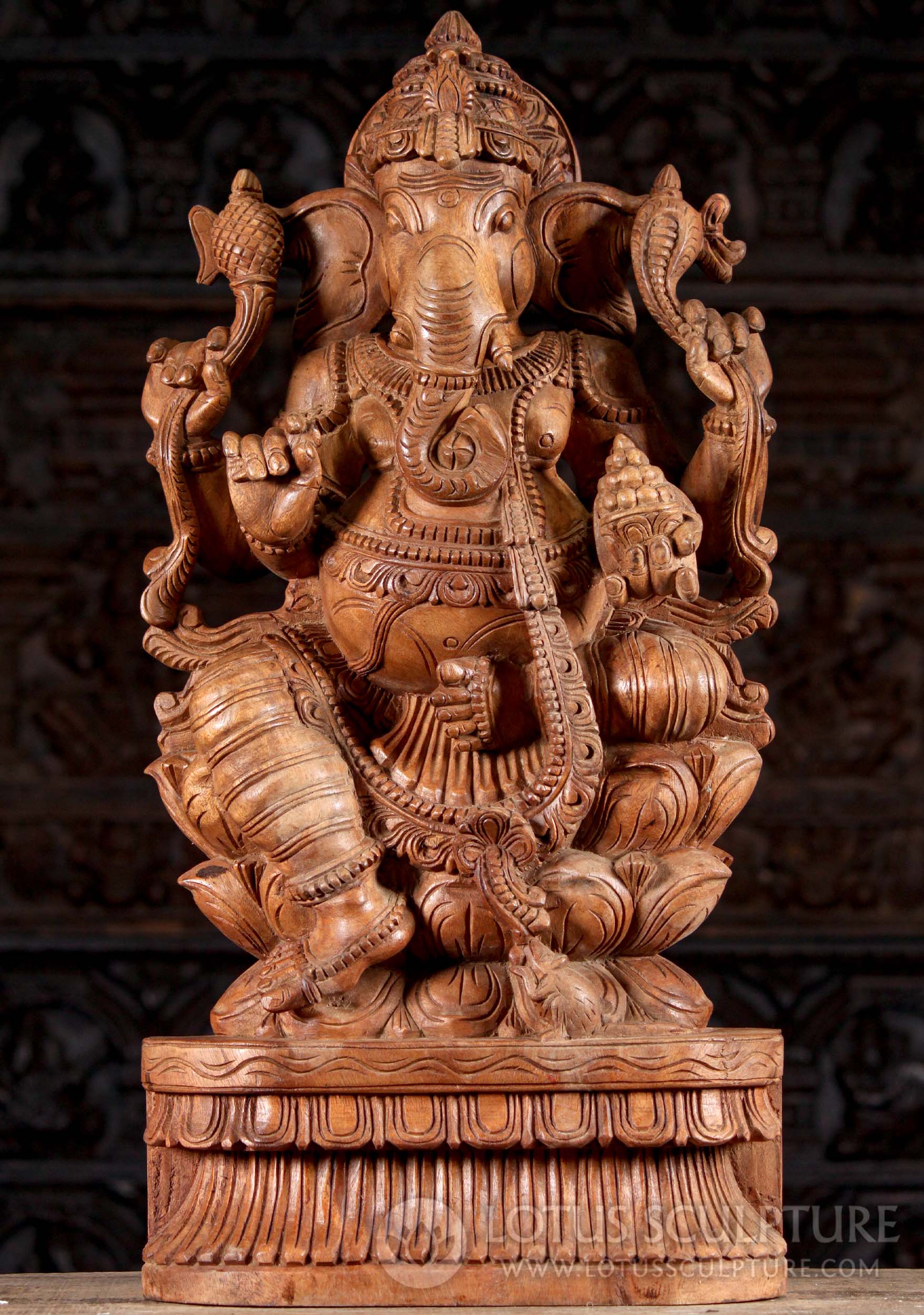 Light Wooden Hindu God Ganesha Seated on Triple Lotus Base with Mooshika Sculpture 30"