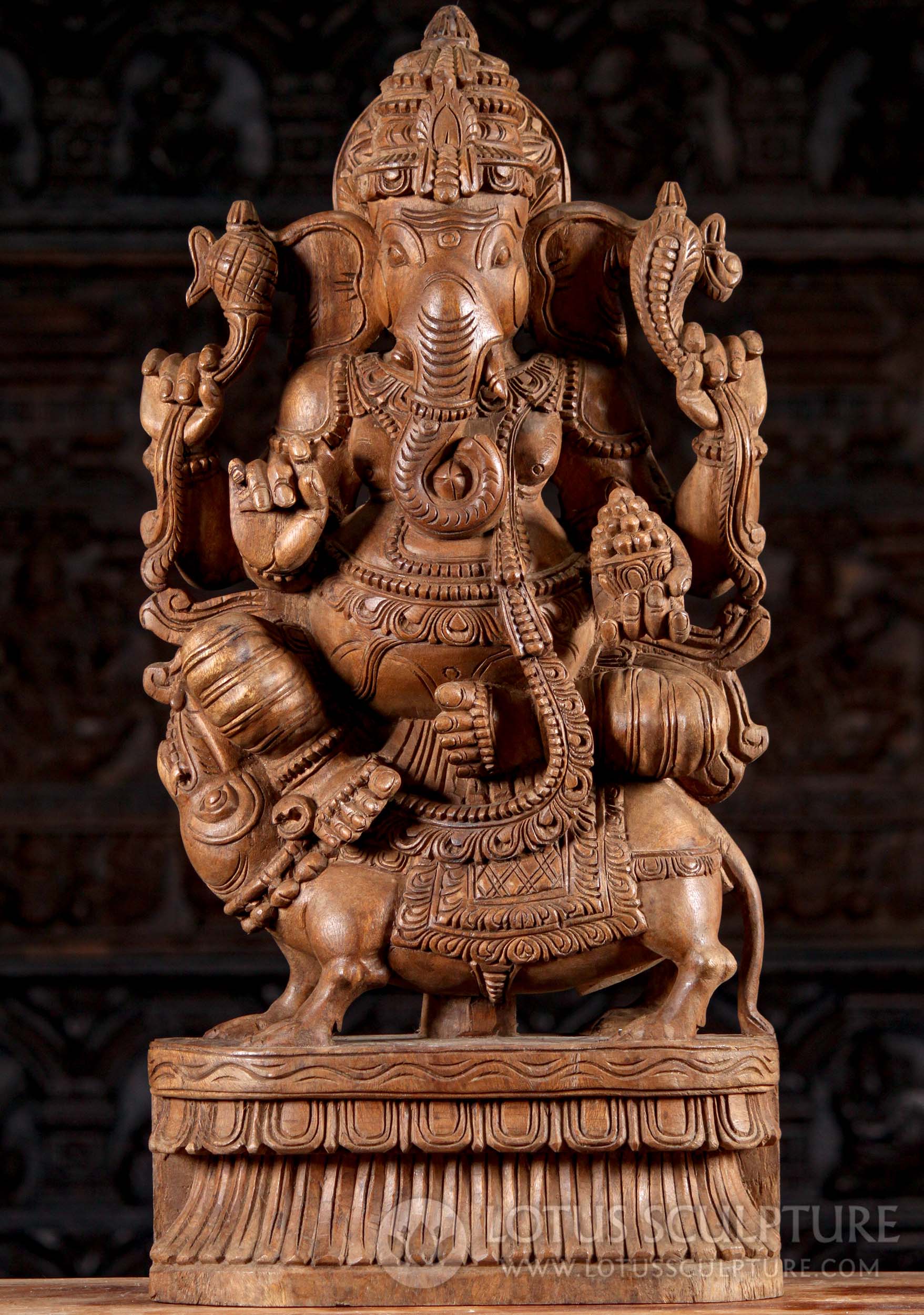 Wood Hindu God Ganesh Seated on Large Rat Mooshika Sculpture with Laddus and Tusk 30"