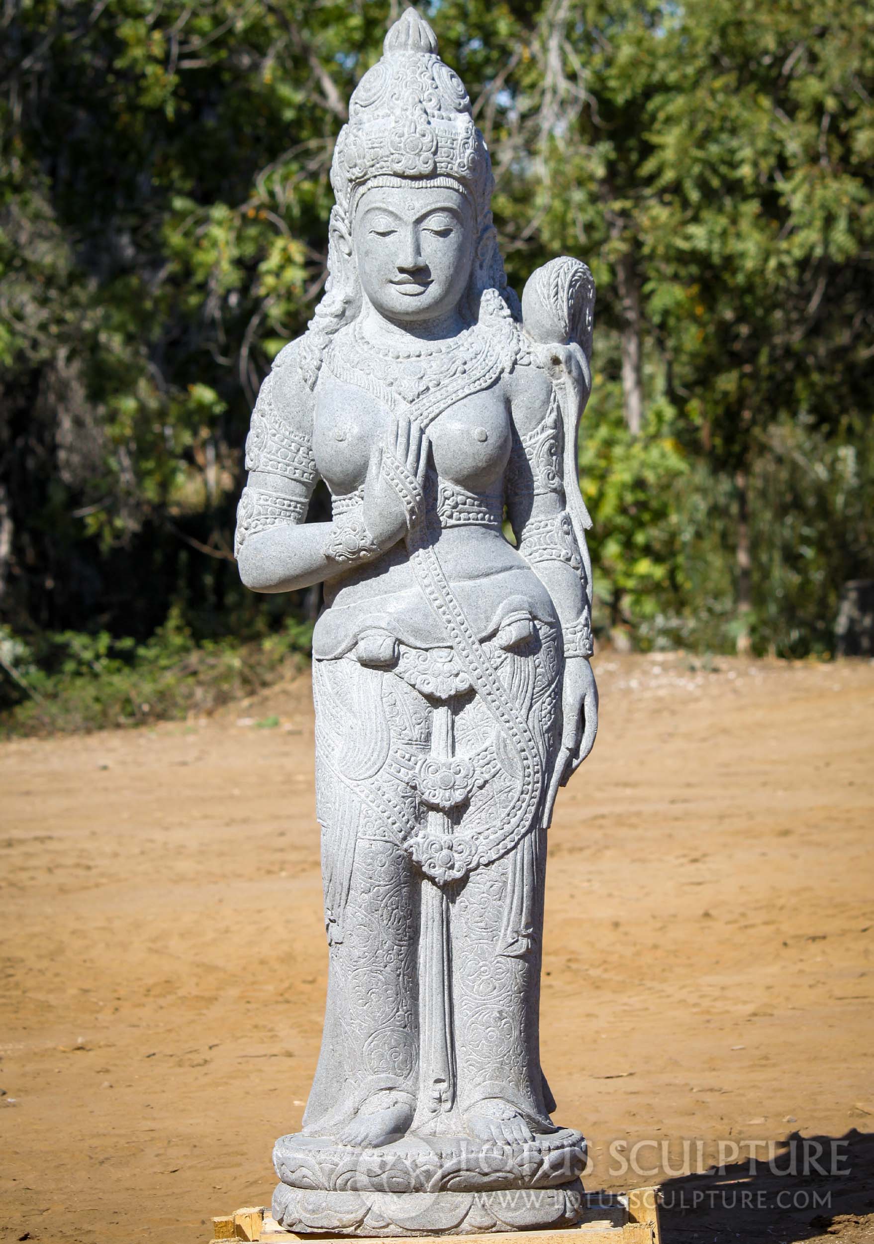 Stone Standing Devi Tara Statue Holding Flower Hand Carved from Lava Stone 60"