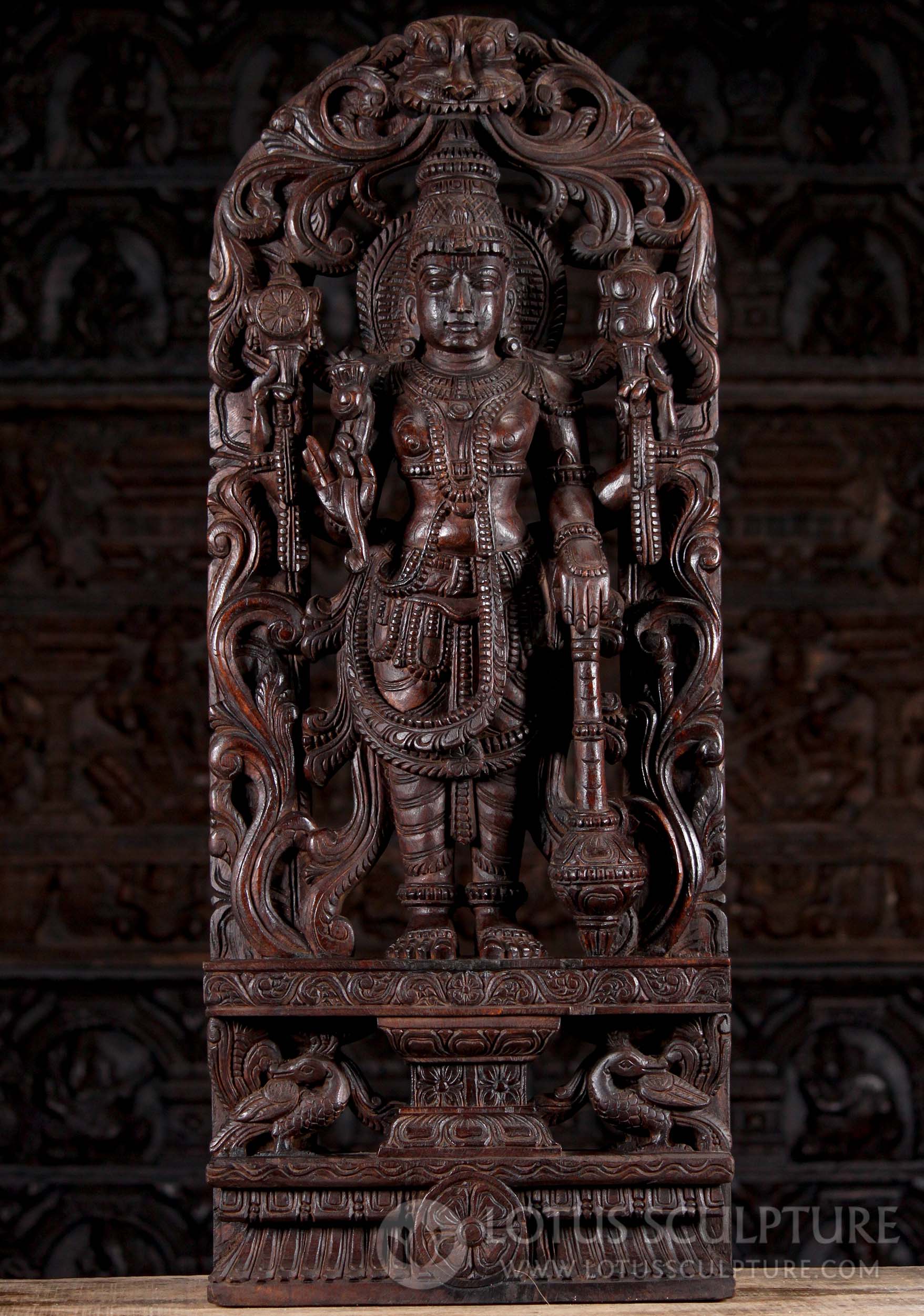 Neem Wood Panel Hand Carved Vishnu Standing with Two Peacocks and Mahakala Above 36"