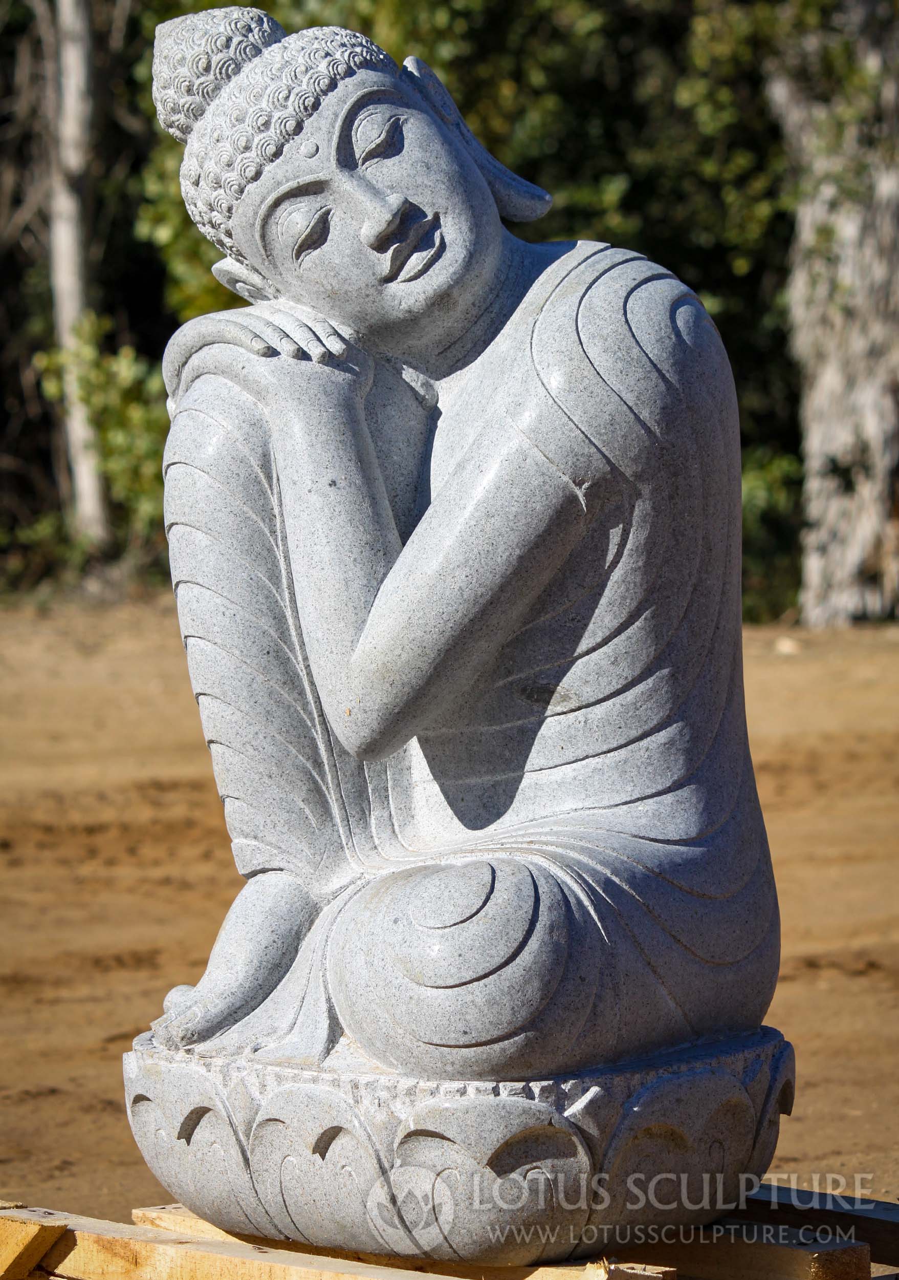 Stone Buddha Resting in Full Robes Outdoor Statue for Garden on Lotus Base 35"