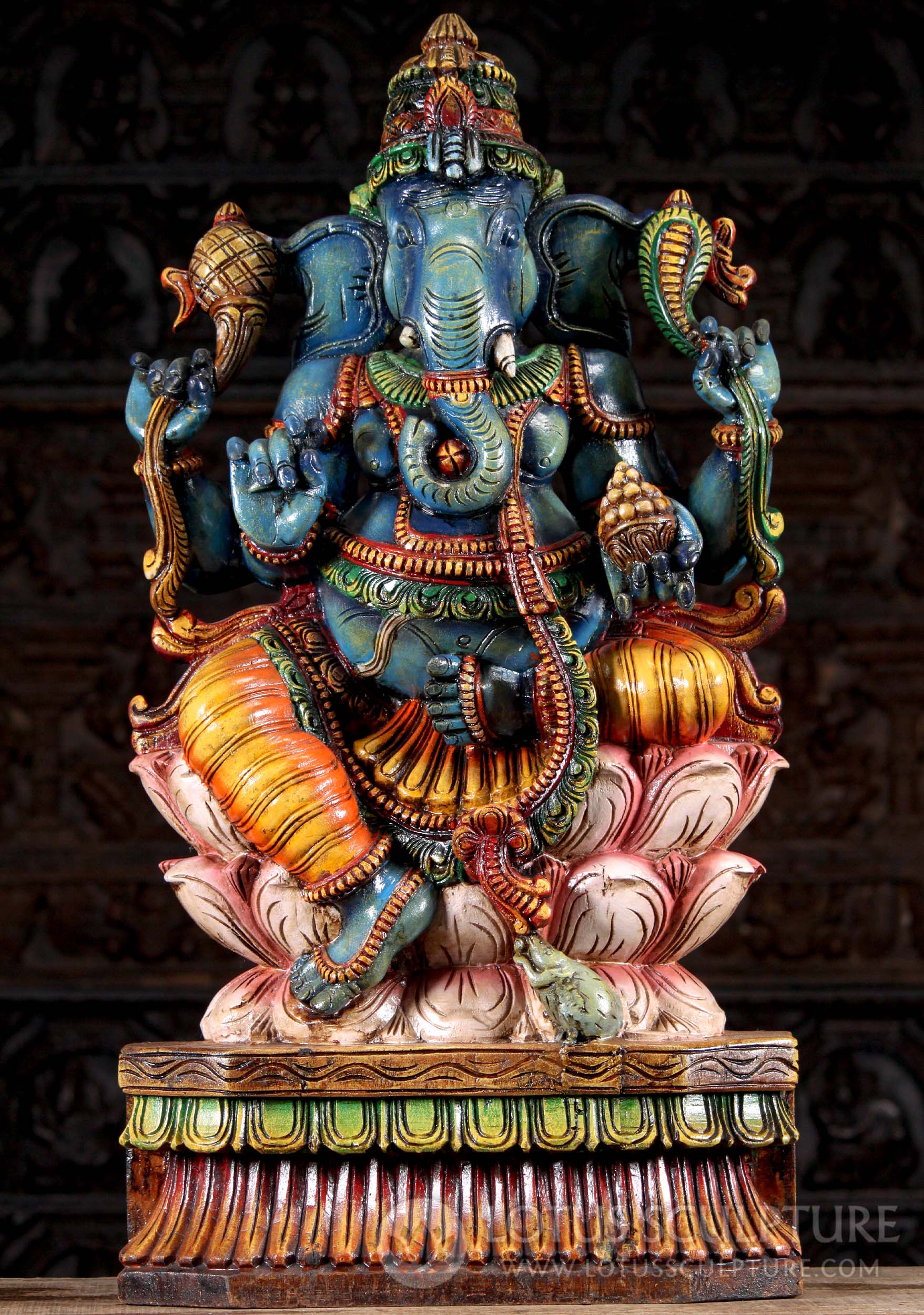 Painted Wood Hindu God Ganesh Seated on Lotus Base Sculpture Perfect for Home Altar 36"