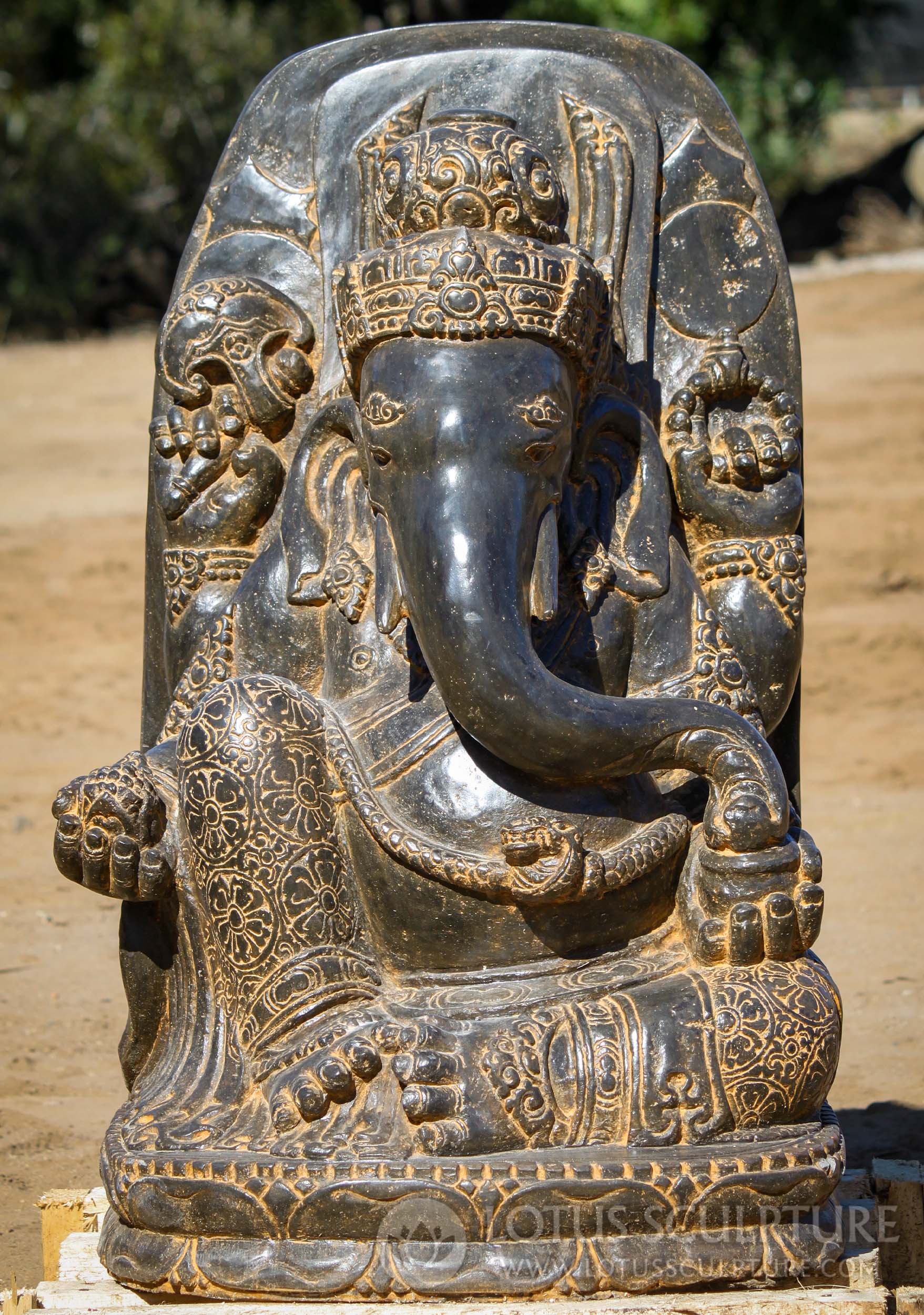 Stone Hindu Ganesh Sculpture Wearing Dhoti Holding Ax & Mala Necklace Perfect for Outdoors 34"