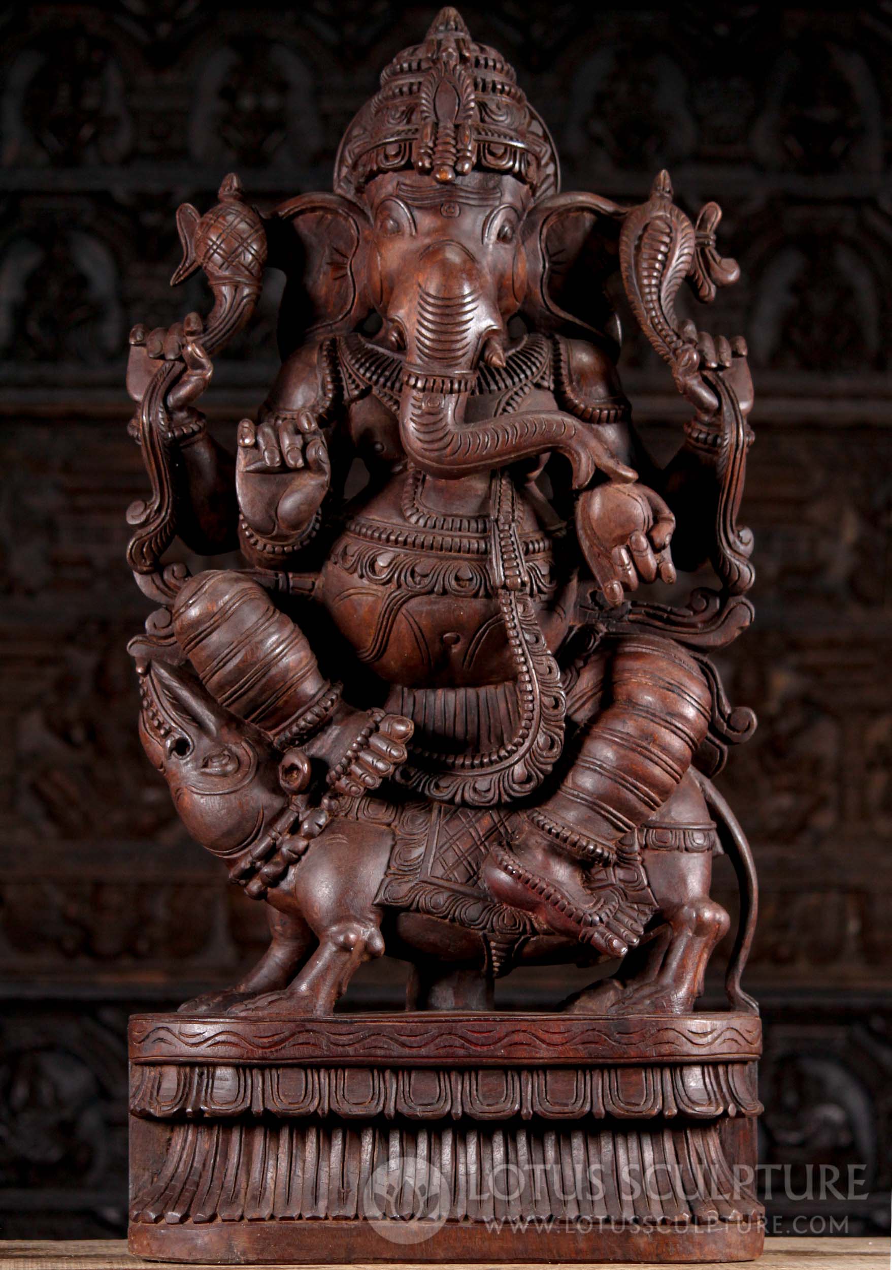 Wood Hand Carved Hindu God Remover of Obstacles Ganesh on Rat Perfect for Home Altar 36"