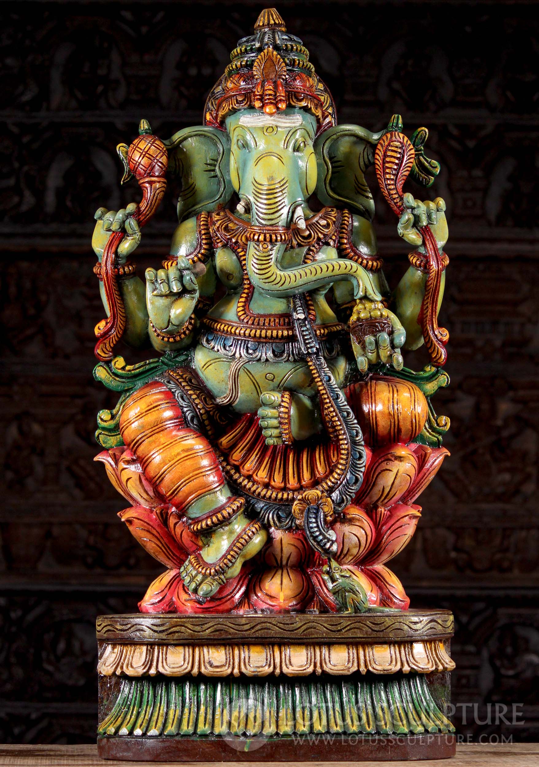 Wooden Painted Hand Carved Hindu God Remover of Obstacles Ganesh Perfect for Home Altar 36"