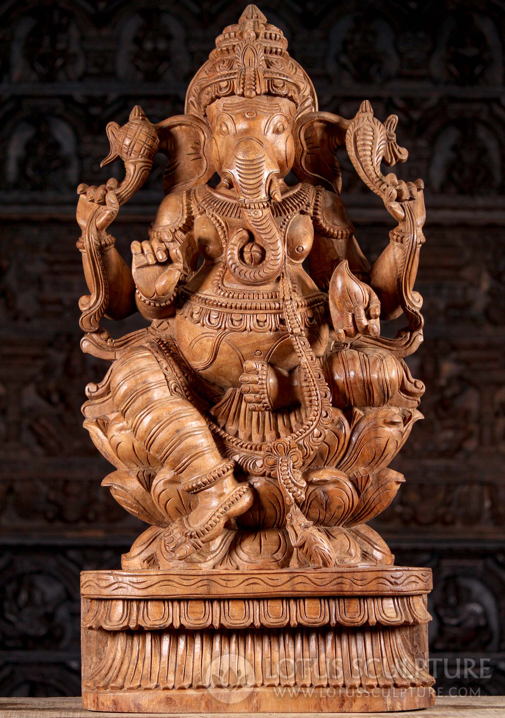 Light Wooden Hindu God Ganesha Seated on Triple Lotus Base with Mooshika Sculpture 36"