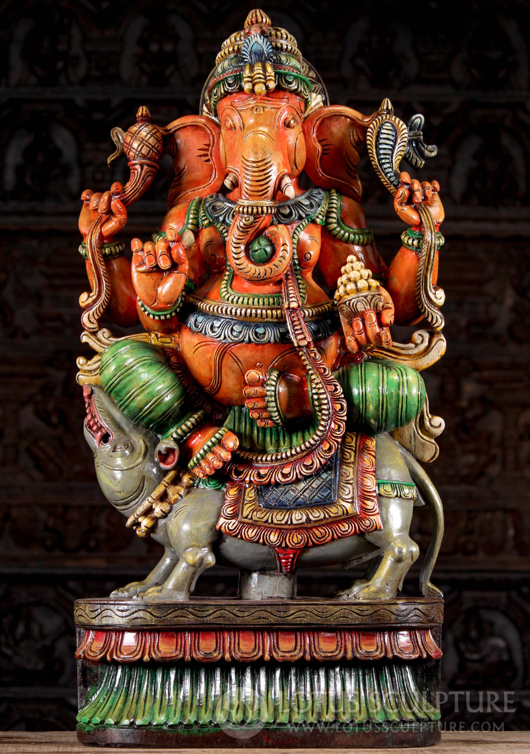 Ganesh Seated on Mooshika Painted Wooden Hindu God Sculpture Perfect for Home Altar 36"