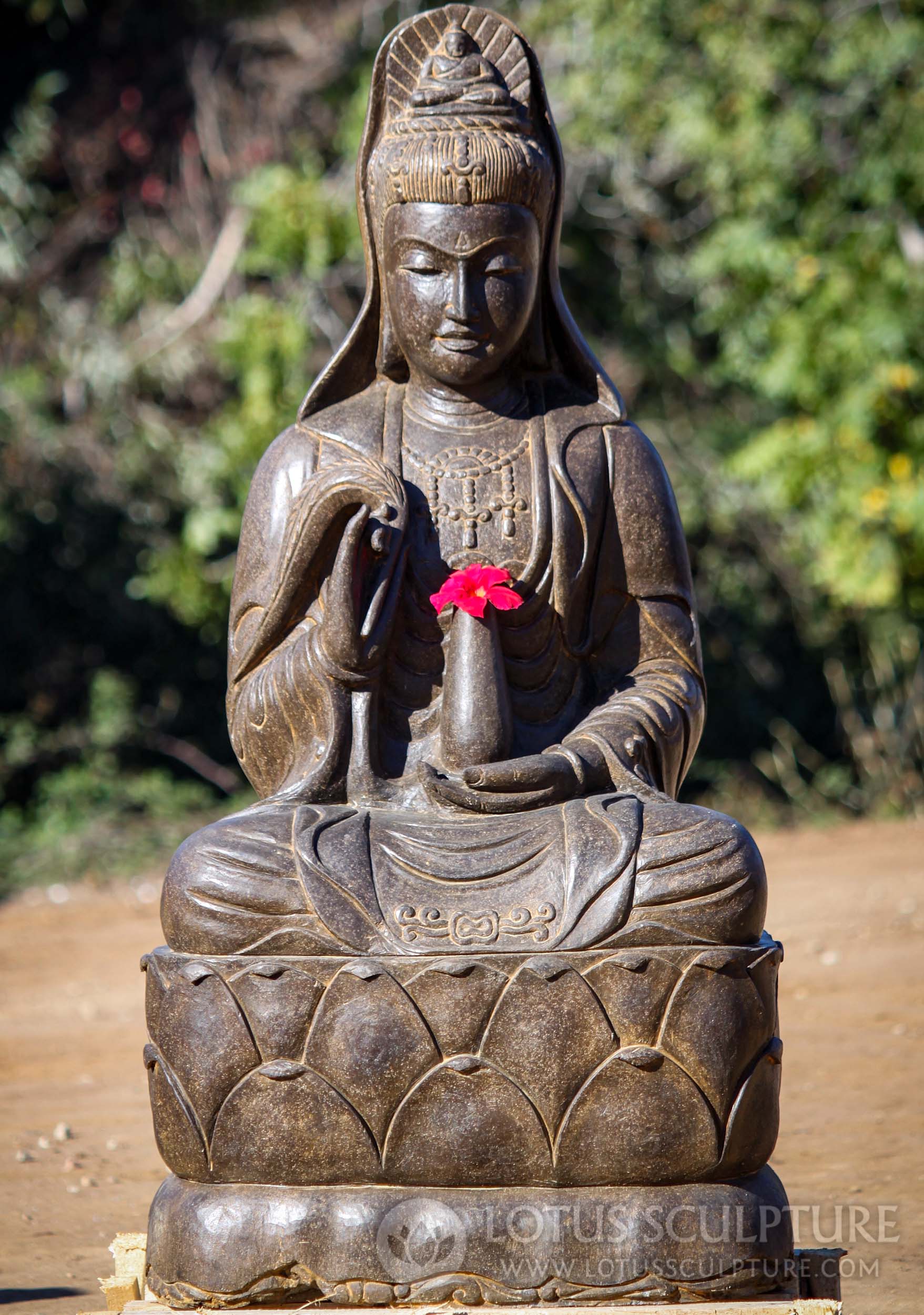 Stunning Hand Carved Stone Statue of the Bodhisattva Kwan Yin Seated on Lotus Base 46"