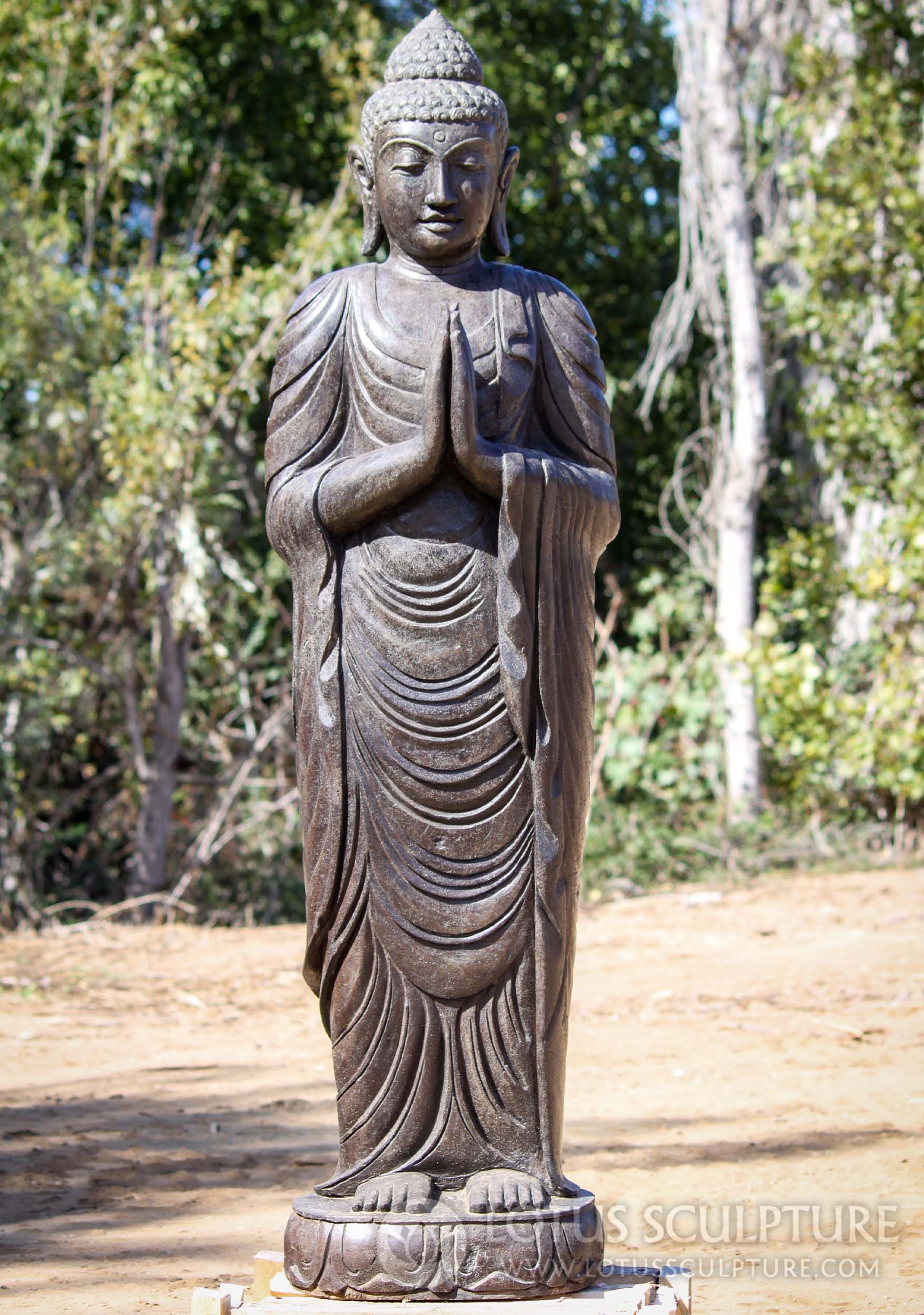 Stone Standing Buddha in Flowing Robes on Lotus Base in Namaste Anjai Mudra 59"