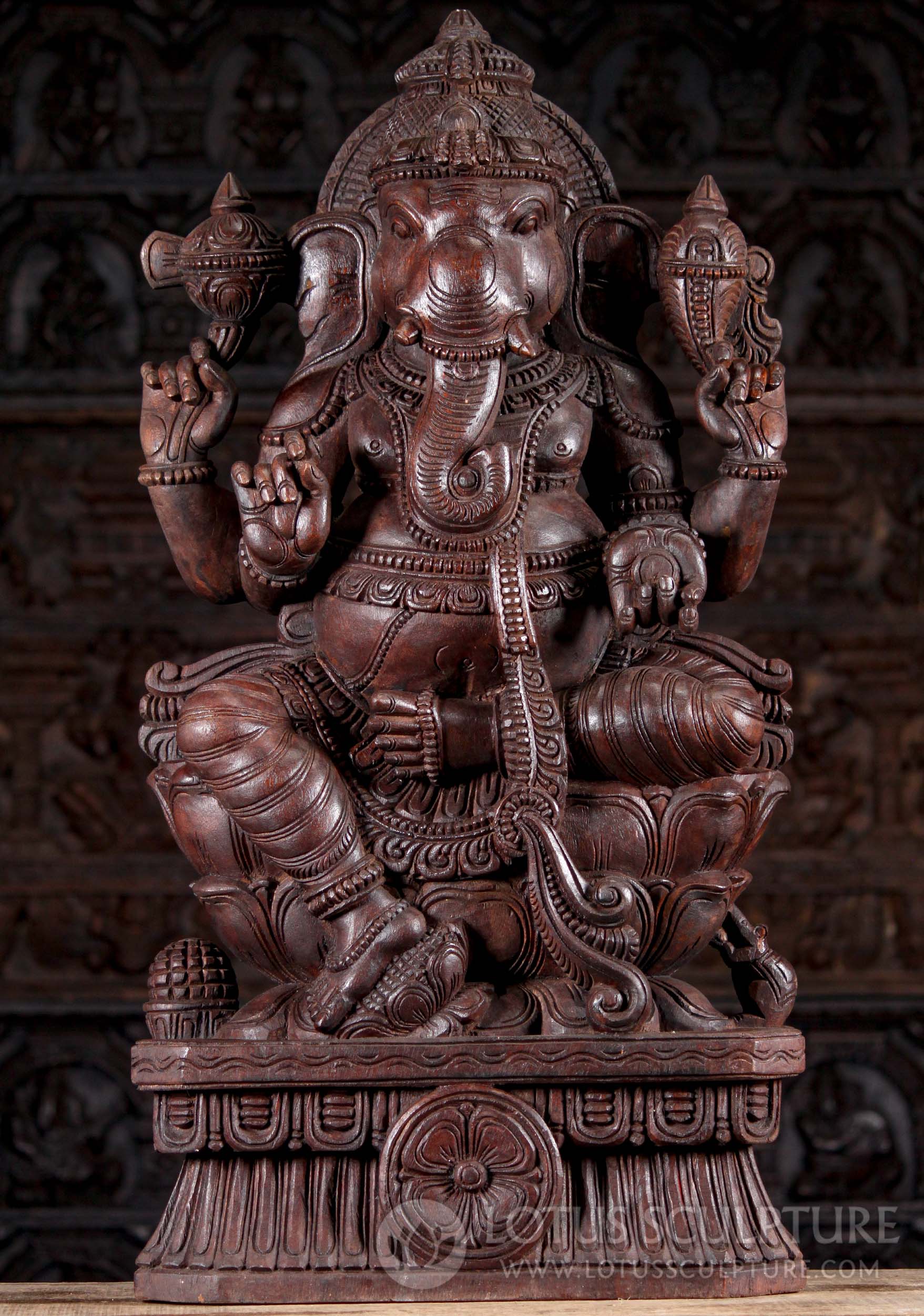 Neem Wood Hindu God Ganesha Seated on Triple Lotus Base with Rat Sculpture 36"