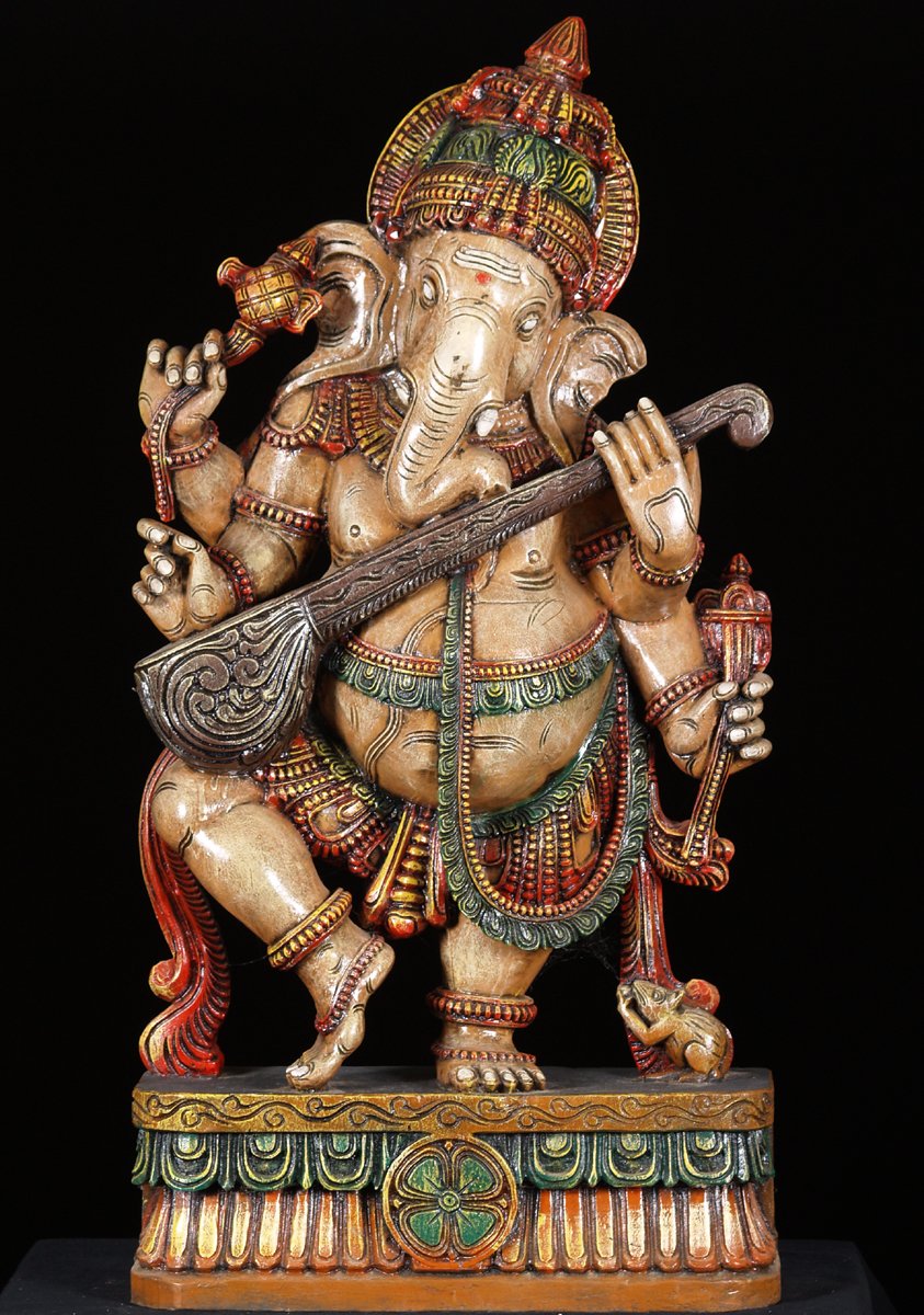 Wood Dancing Ganesh Statue Playing the Veena 36"