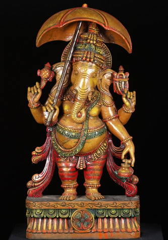 Ganesh Statue Holding an Umbrella & Water Vessel 36"