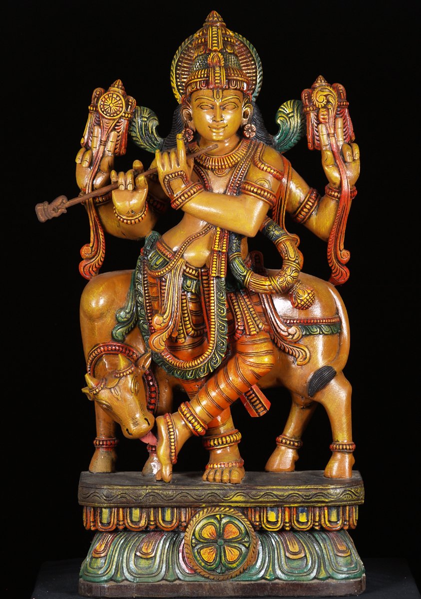 Venugopal Colored Wood Statue with Cow 36"