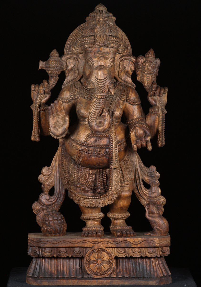 Dark Wood Standing Ganesh Statue 36"