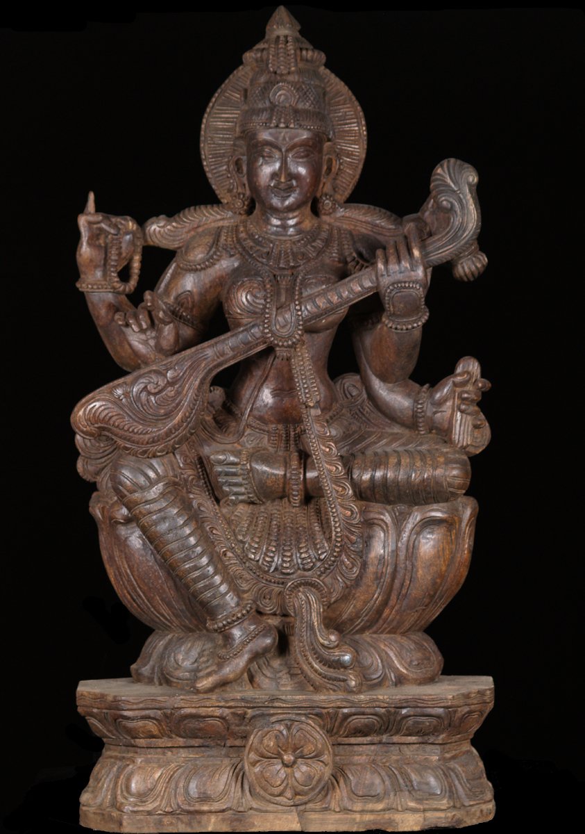 Dark Wood Saraswati Statue Playing the Veena 36"