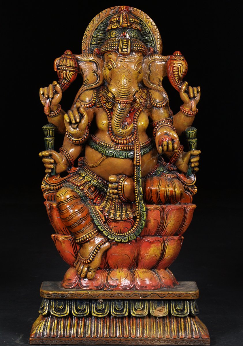 Colored Wood Six Arm Ganesh Statue 36"