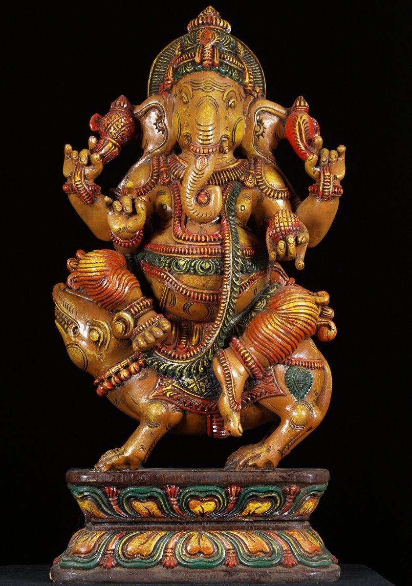 Wooden Ganesh Statue Seated on Vehicle Rat 36"